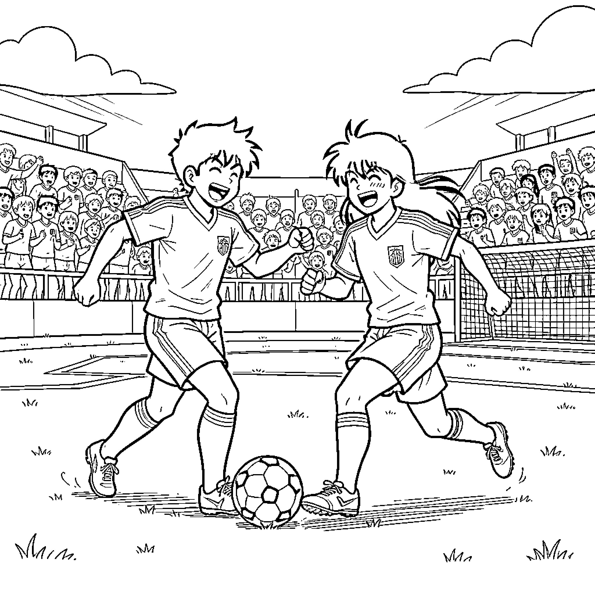 Sangoku playing soccer with a friend in a stadium Coloring Page (free black-and-white line drawing printable PDF for all, from beginners to advanced learners, including children, teens, adults, and seniors)