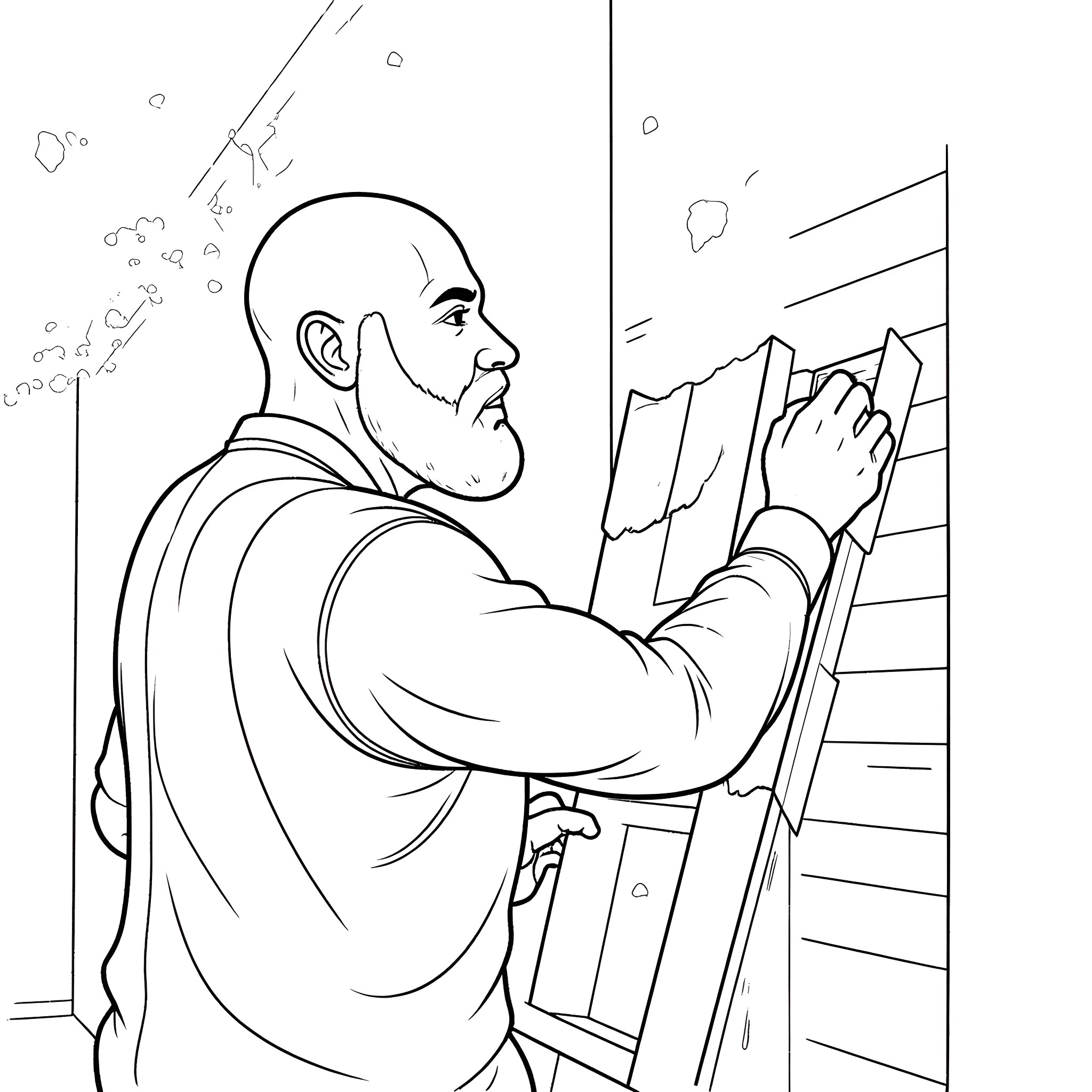 Man painting a mural on the wall Coloring Page (free black-and-white line drawing printable PDF for all, from beginners to advanced learners, including children, teens, adults, and seniors)
