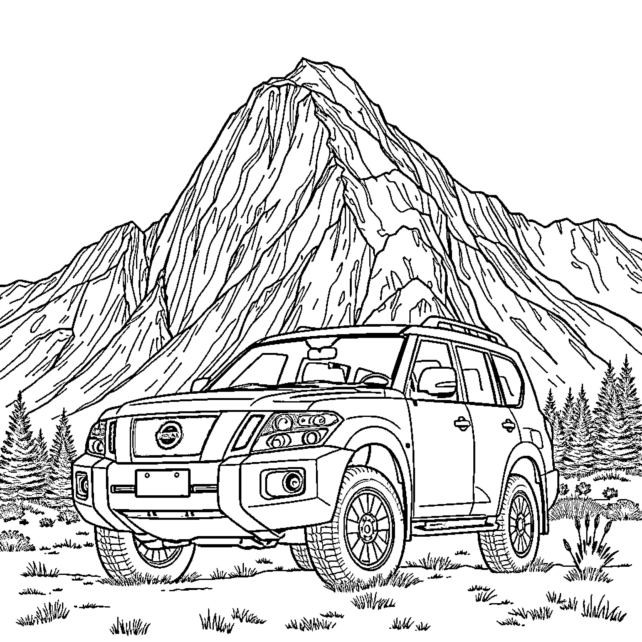 Nissan Patrol exploring rugged mountain terrain Coloring Page (free black-and-white line drawing printable PDF for all, from beginners to advanced learners, including children, teens, adults, and seniors)