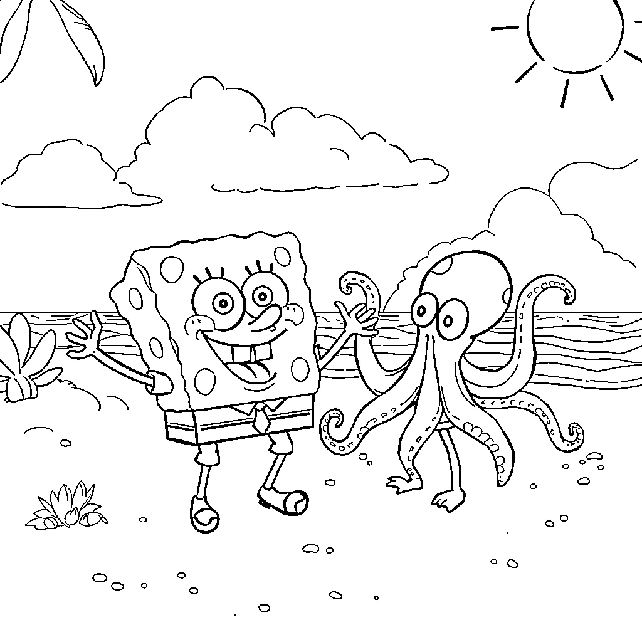 Spongebob and Squidward in a beachside adventure Coloring Page (free black-and-white line drawing printable PDF for all, from beginners to advanced learners, including children, teens, adults, and seniors)