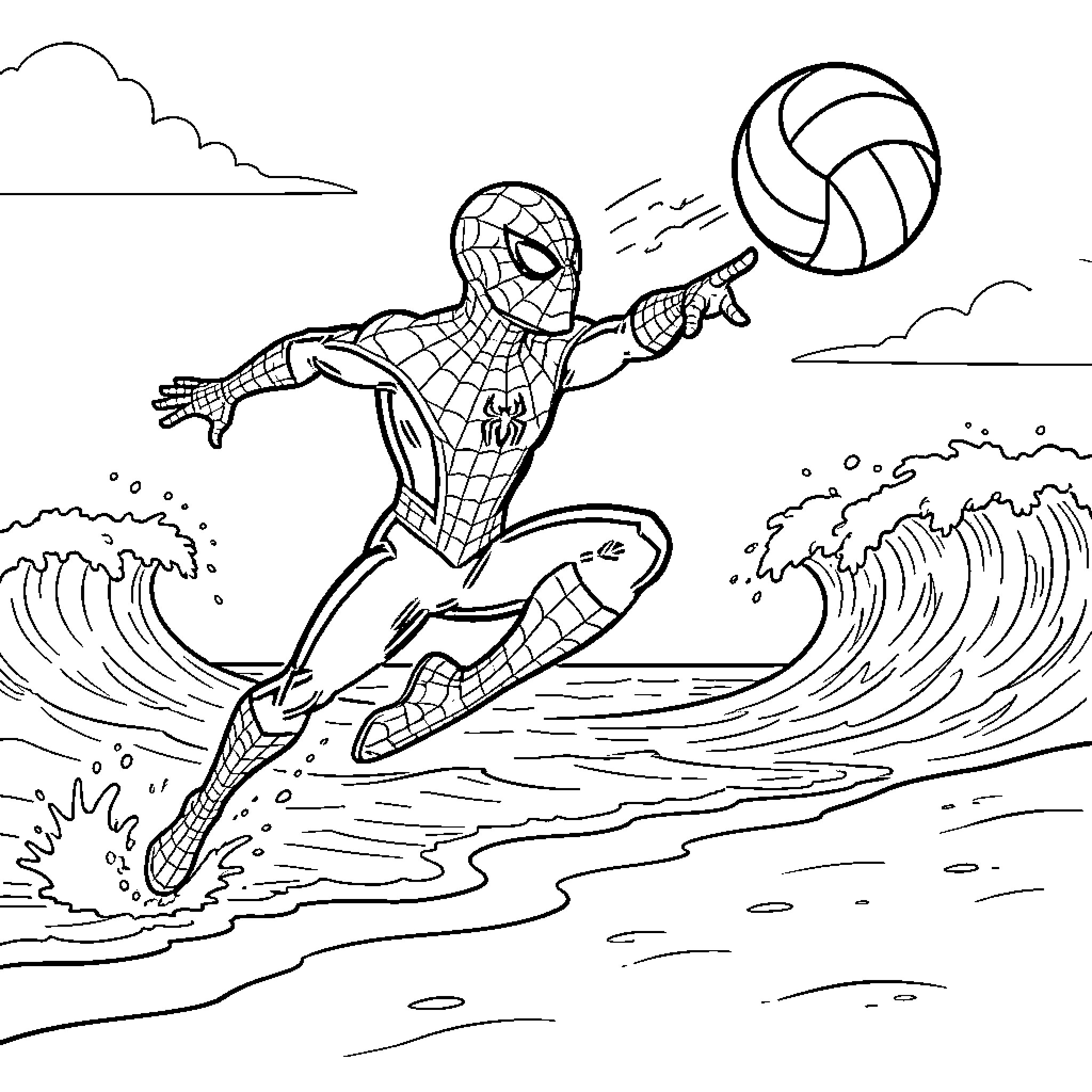Spider-Man playing volleyball on the beach Coloring Page (free black-and-white line drawing printable PDF for all, from beginners to advanced learners, including children, teens, adults, and seniors)