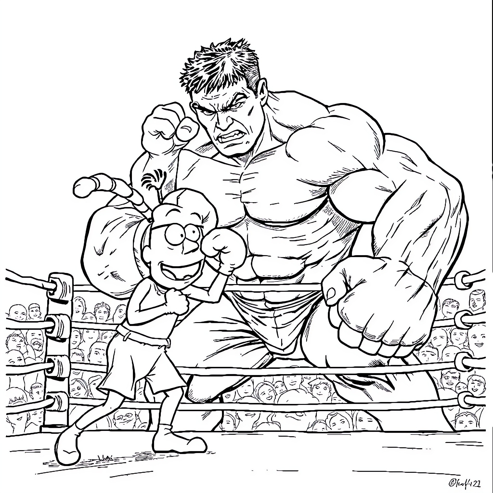 Hulk Defeats Puny Opponent in Wrestling Match Coloring Page (free black-and-white line drawing printable PDF for all, from beginners to advanced learners, including children, teens, adults, and seniors)