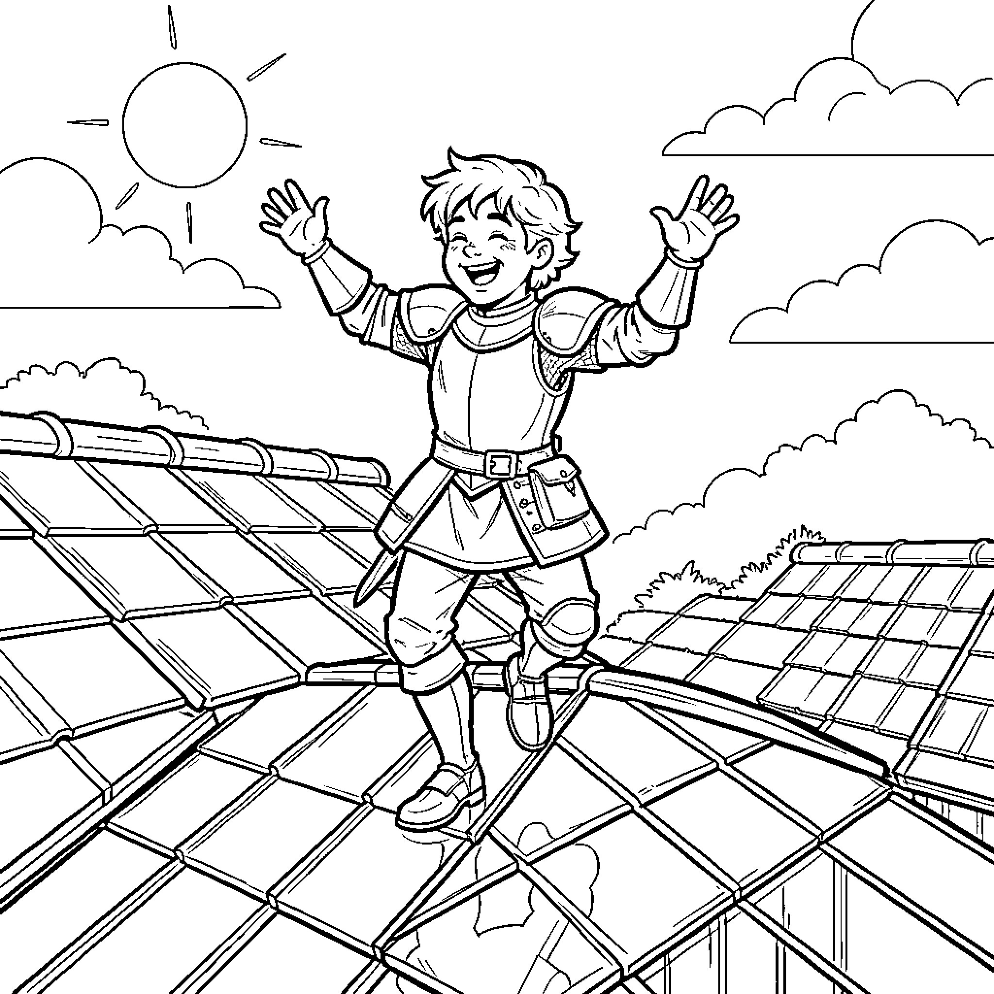 Squire Enjoys the Rooftop View Coloring Page (free black-and-white line drawing printable PDF for all, from beginners to advanced learners, including children, teens, adults, and seniors)