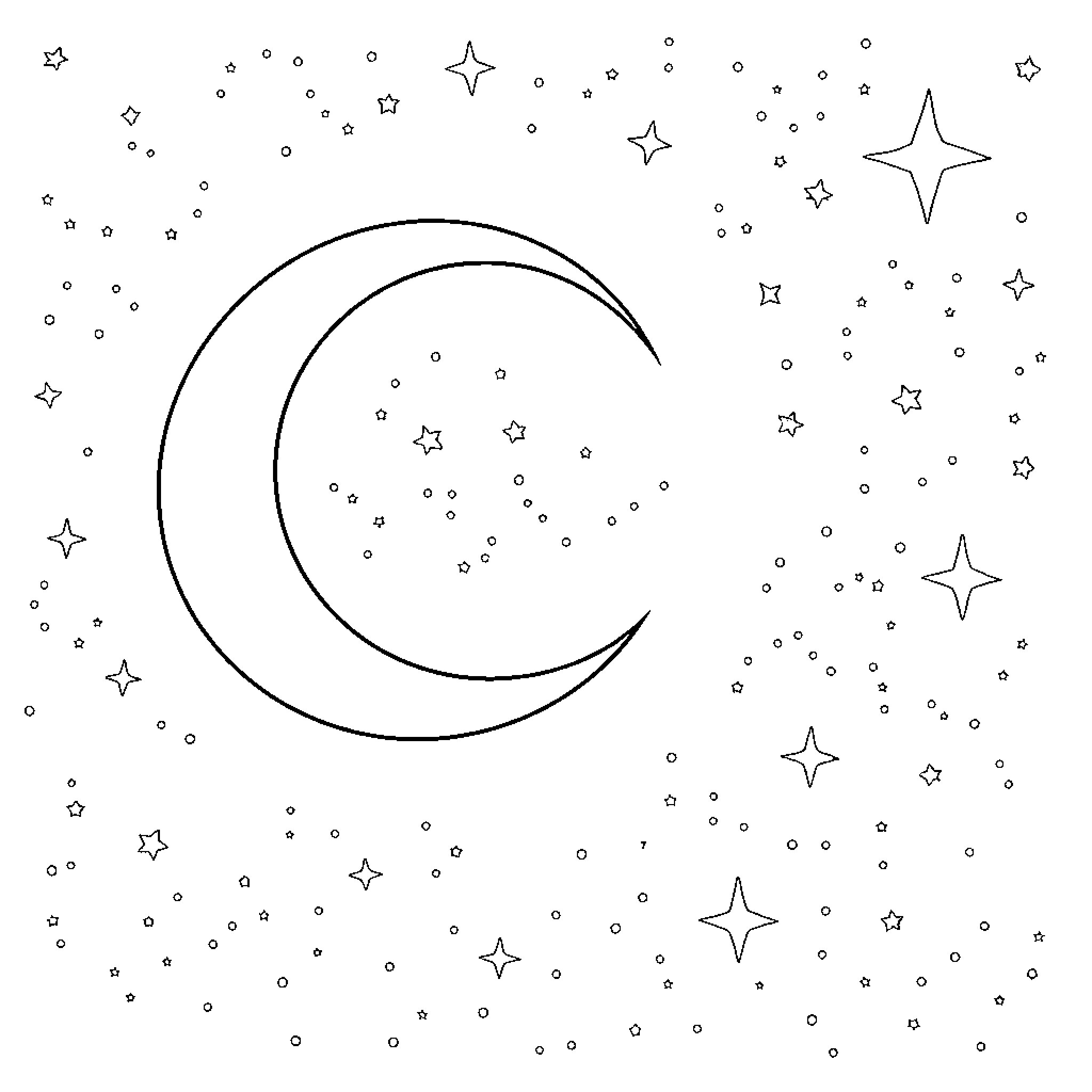 Moon and Stars in the Night Sky Coloring Page (free black-and-white line drawing printable PDF for all, from beginners to advanced learners, including children, teens, adults, and seniors)
