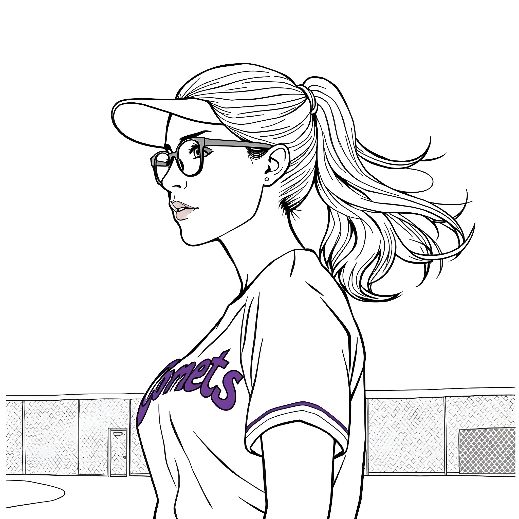 Woman with flowing hair wearing a sports jersey Coloring Page (free black-and-white line drawing printable PDF for all, from beginners to advanced learners, including children, teens, adults, and seniors)