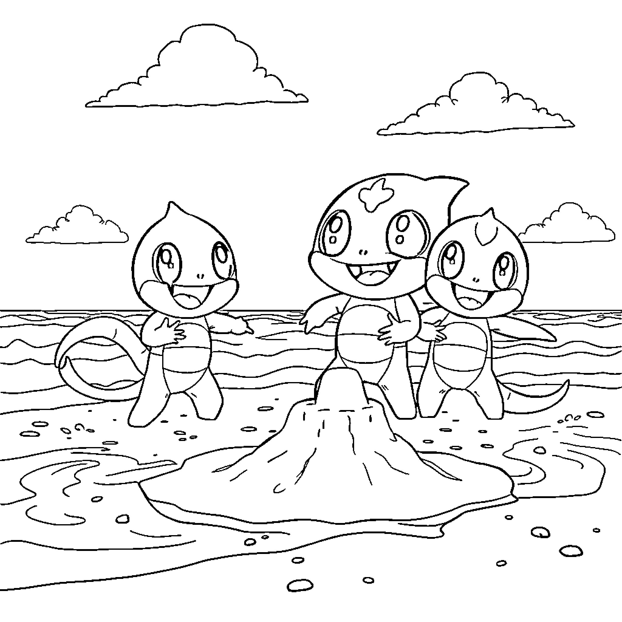 Team Rocket's Beachside Shenanigans Coloring Page (free black-and-white line drawing printable PDF for all, from beginners to advanced learners, including children, teens, adults, and seniors)