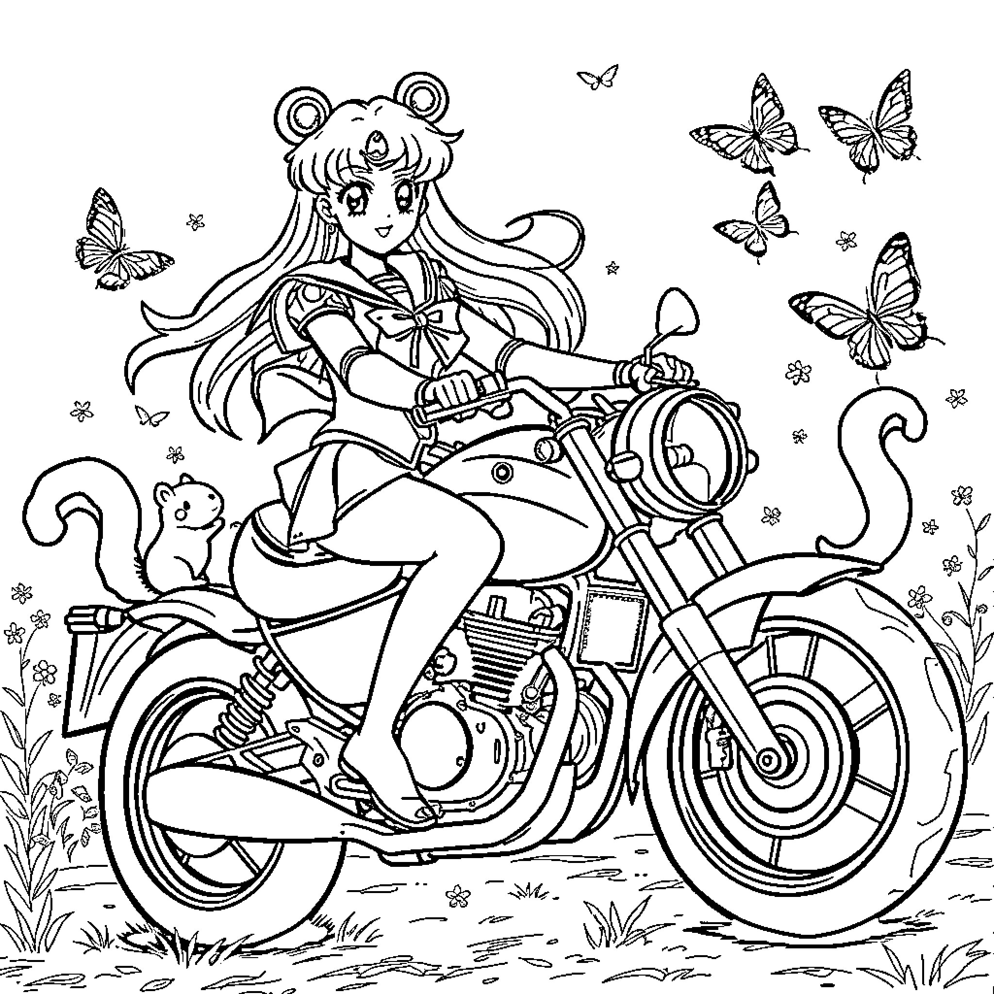 Sailor Moon riding a motorcycle with butterflies Coloring Page (free black-and-white line drawing printable PDF for all, from beginners to advanced learners, including children, teens, adults, and seniors)