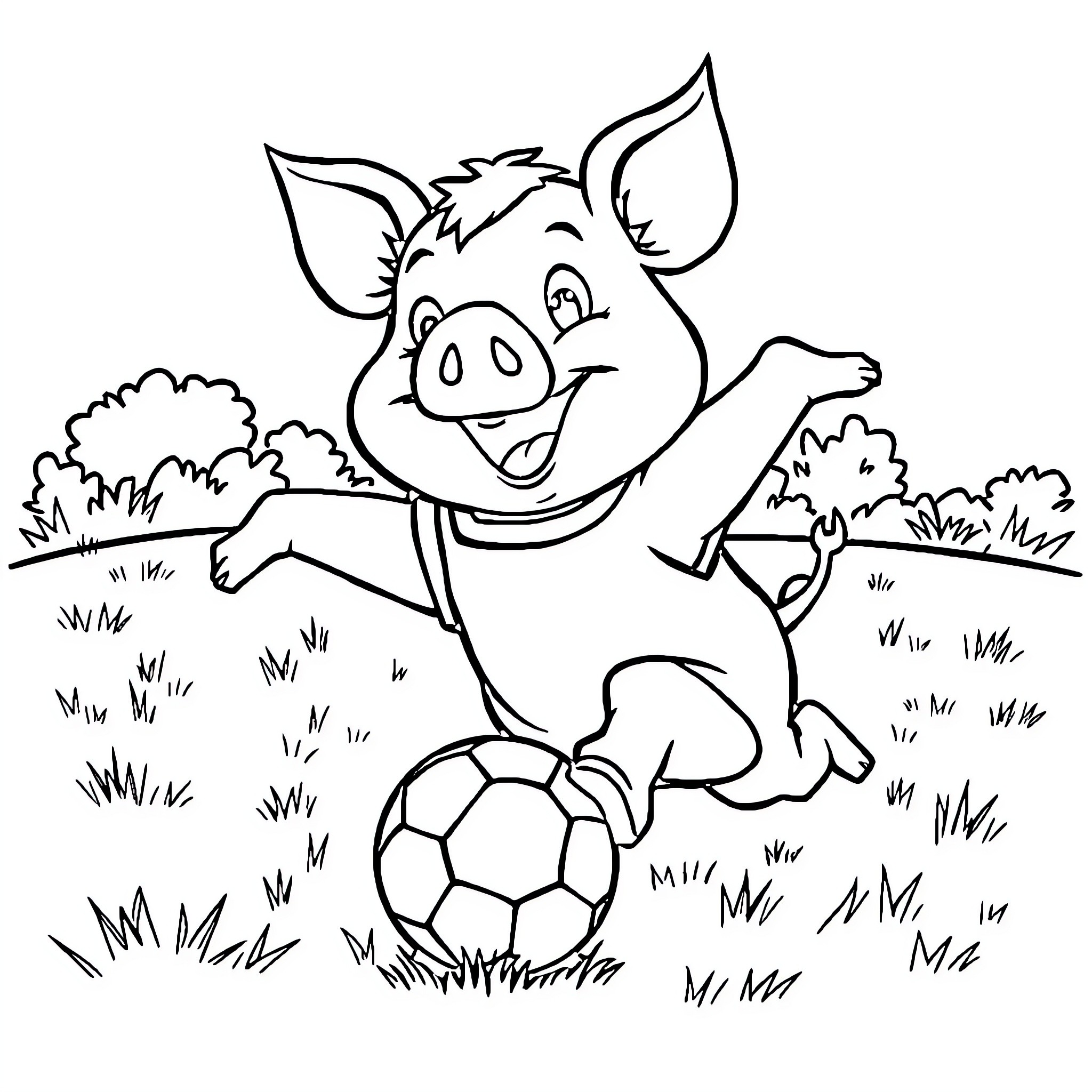 Pig playing with soccer ball in meadow Coloring Page (free black-and-white line drawing printable PDF for all, from beginners to advanced learners, including children, teens, adults, and seniors)
