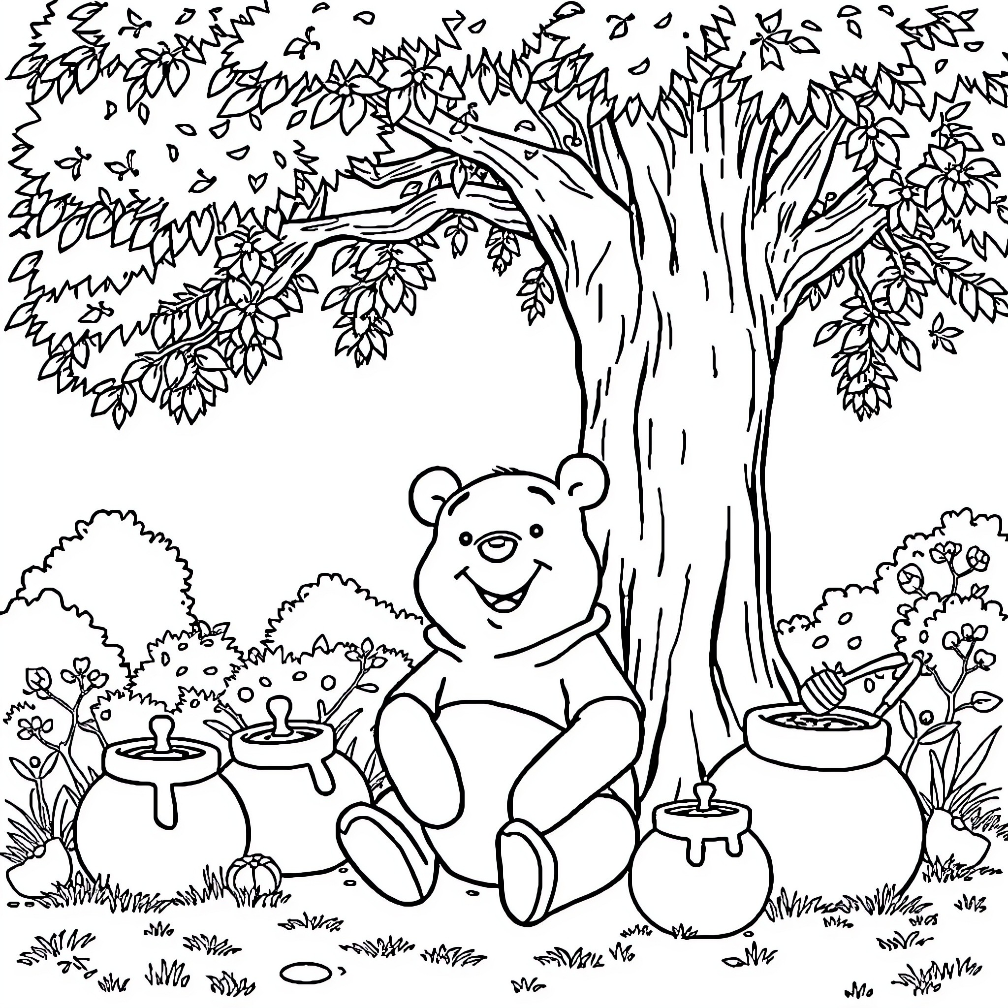 Pooh Bear enjoying nature's splendor Coloring Page (free black-and-white line drawing printable PDF for all, from beginners to advanced learners, including children, teens, adults, and seniors)