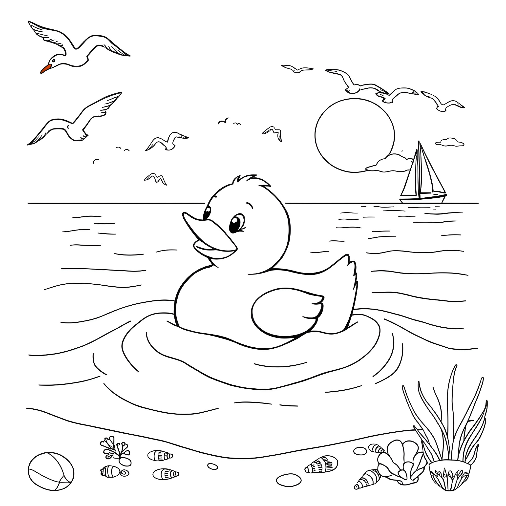 Rubber Duck enjoying a sunny day at the beach Coloring Page (free black-and-white line drawing printable PDF for all, from beginners to advanced learners, including children, teens, adults, and seniors)