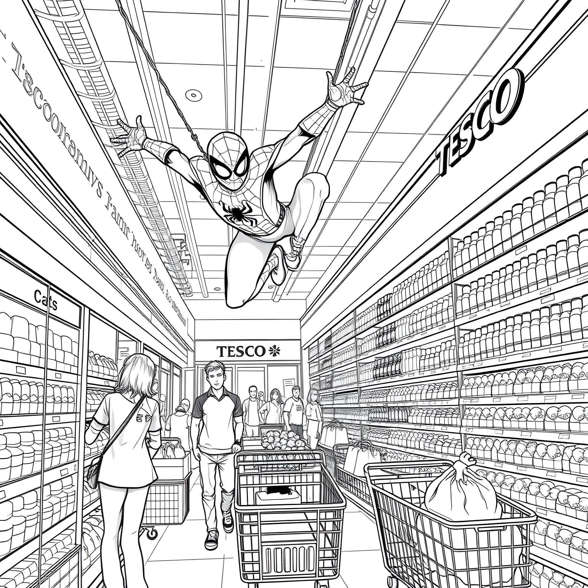 Spider-Man swinging through a Tesco supermarket Coloring Page (free black-and-white line drawing printable PDF for all, from beginners to advanced learners, including children, teens, adults, and seniors)