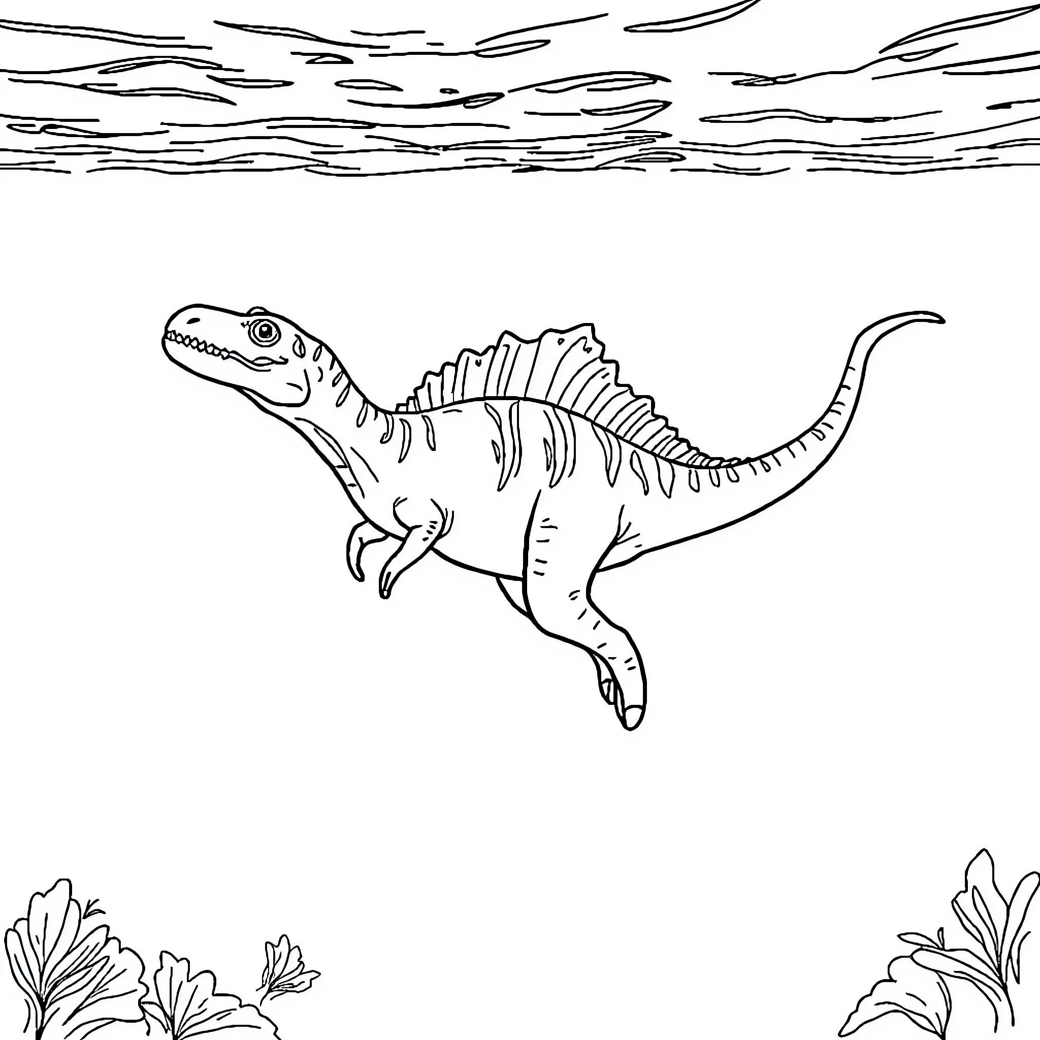 Spinosaurus walking through prehistoric landscape Coloring Page (free black-and-white line drawing printable PDF for all, from beginners to advanced learners, including children, teens, adults, and seniors)