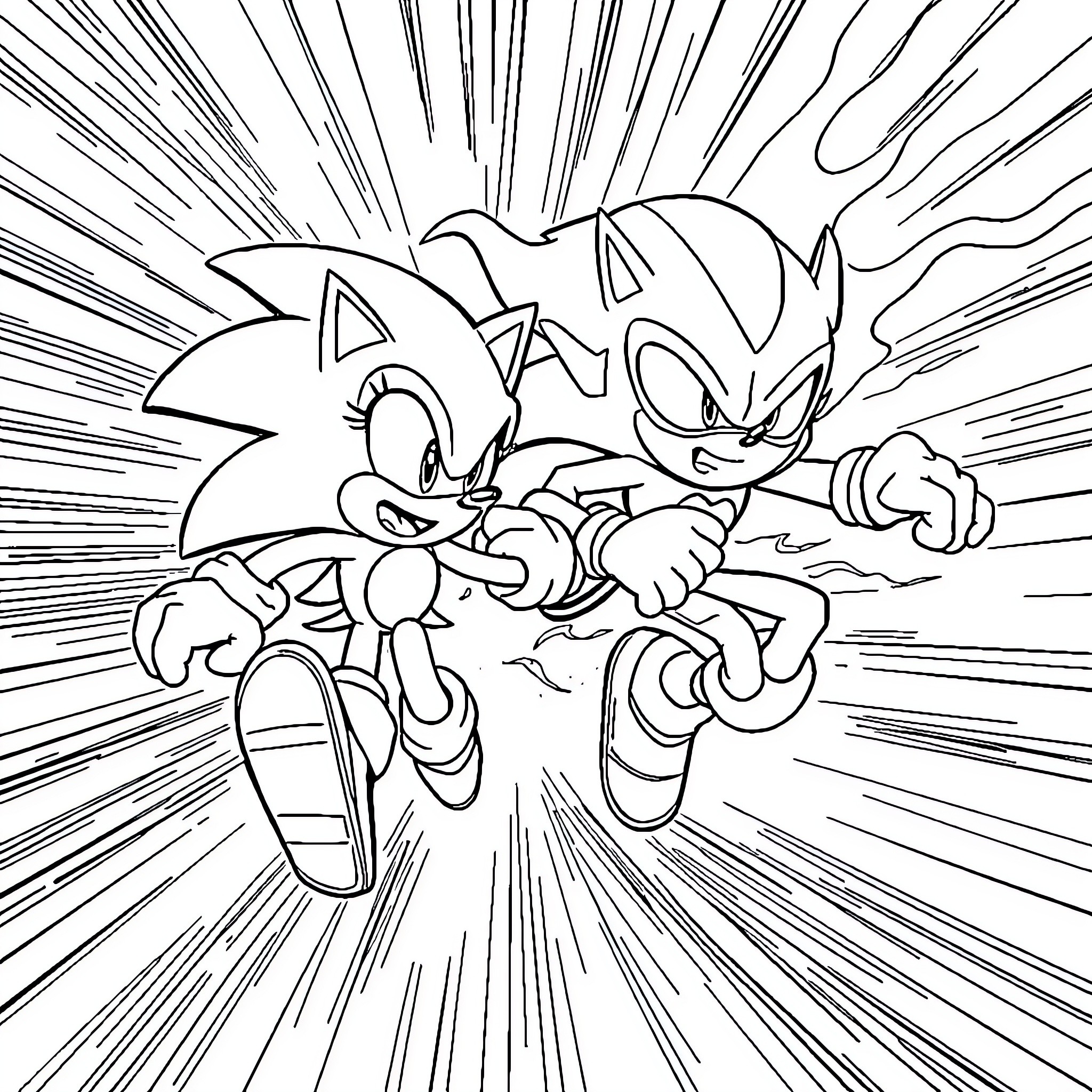 Sonic characters in high-speed action Coloring Page (free black-and-white line drawing printable PDF for all, from beginners to advanced learners, including children, teens, adults, and seniors)