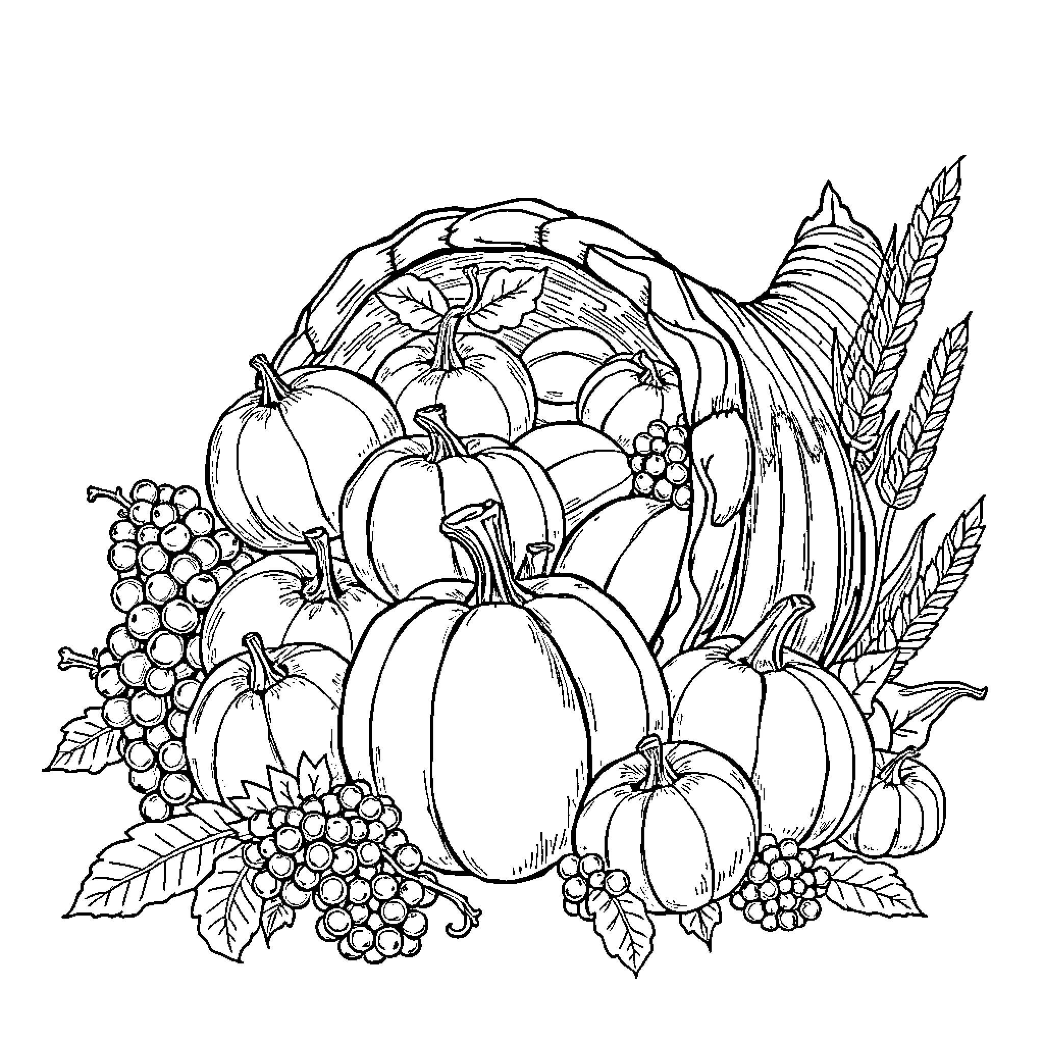 Cornucopia of Seasonal Bounty Coloring Page (free black-and-white line drawing printable PDF for all, from beginners to advanced learners, including children, teens, adults, and seniors)