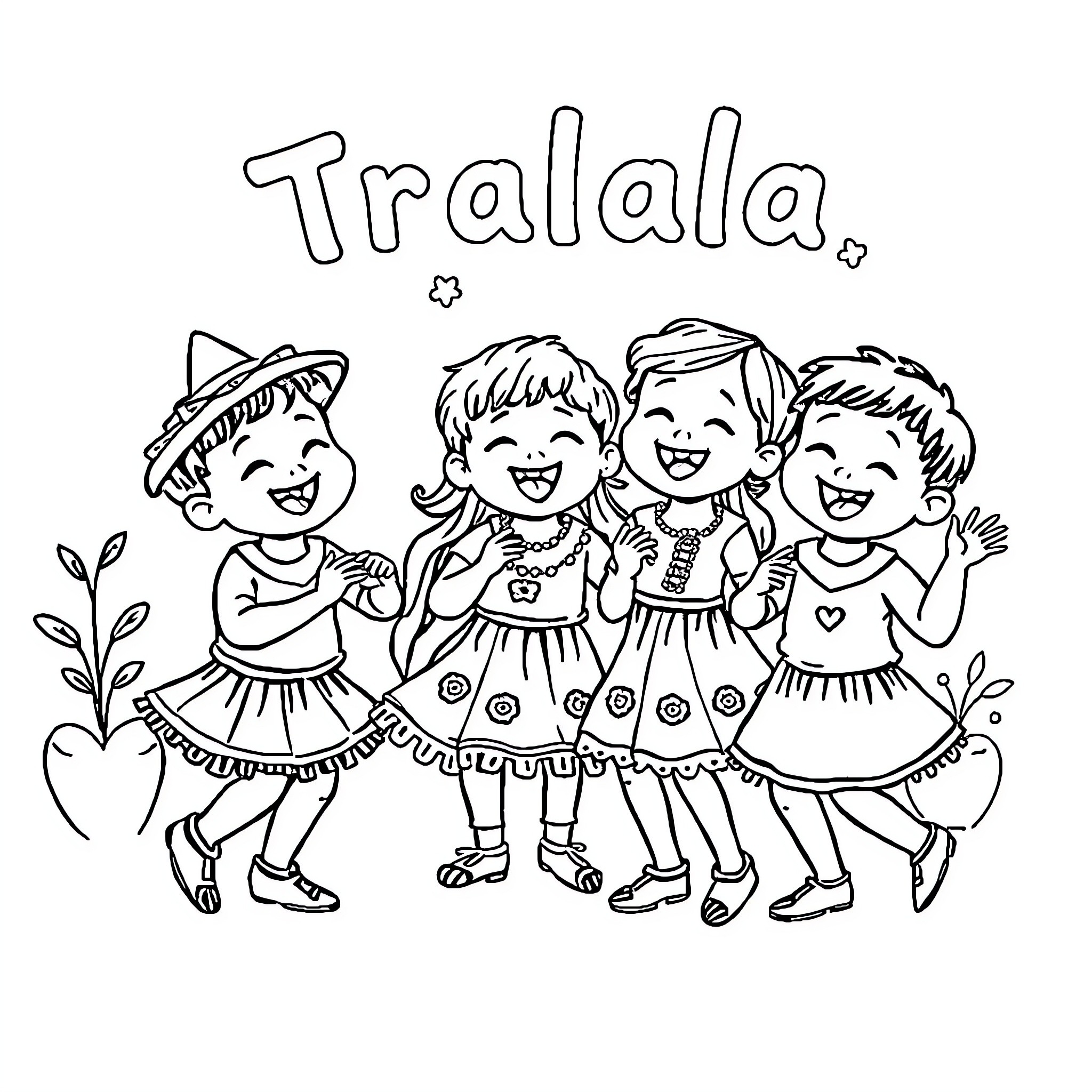 Tralalero: Children Joyfully Dancing Together Coloring Page (free black-and-white line drawing printable PDF for all, from beginners to advanced learners, including children, teens, adults, and seniors)