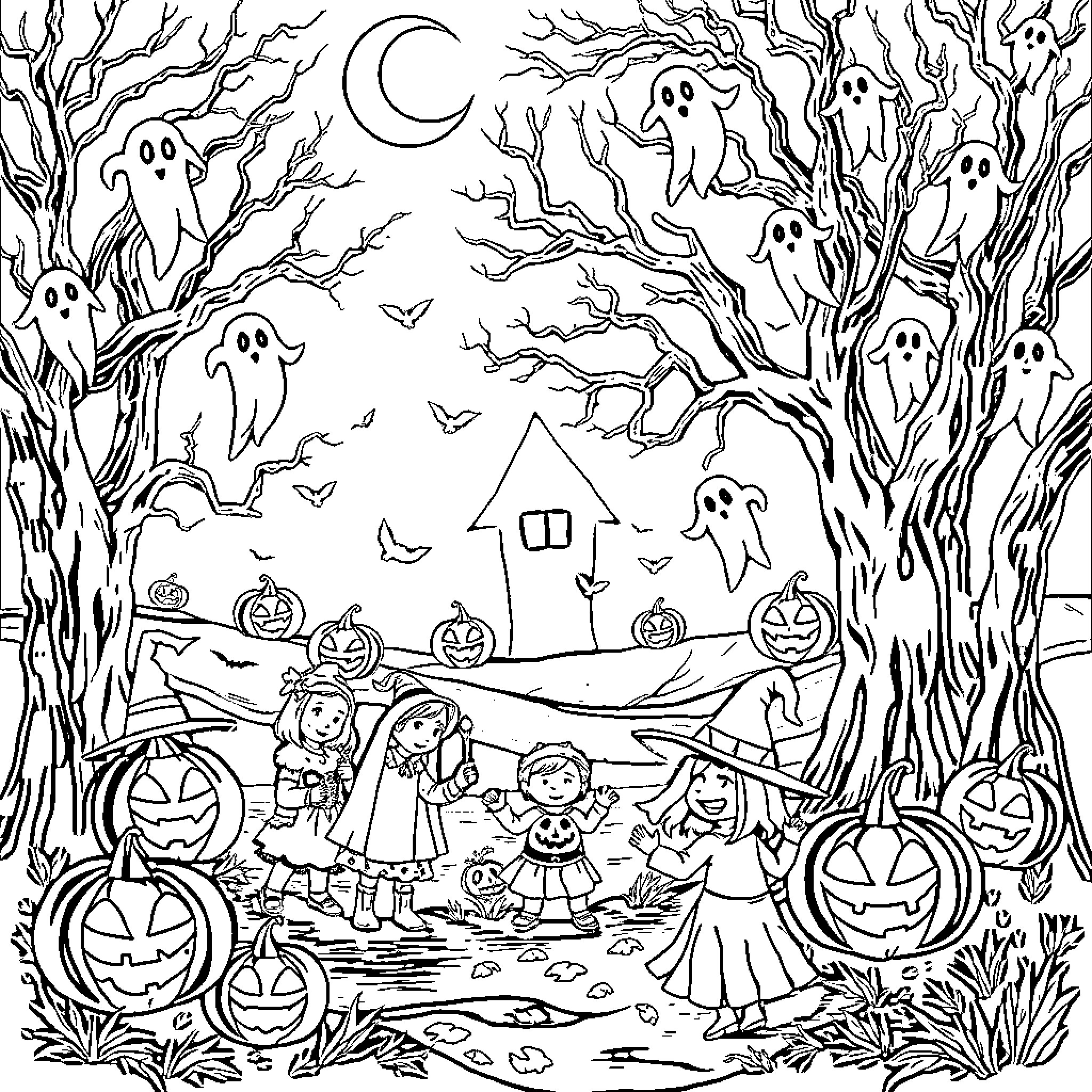 Halloween spooky scene with ghosts and trick-or-treaters Coloring Page (free black-and-white line drawing printable PDF for all, from beginners to advanced learners, including children, teens, adults, and seniors)