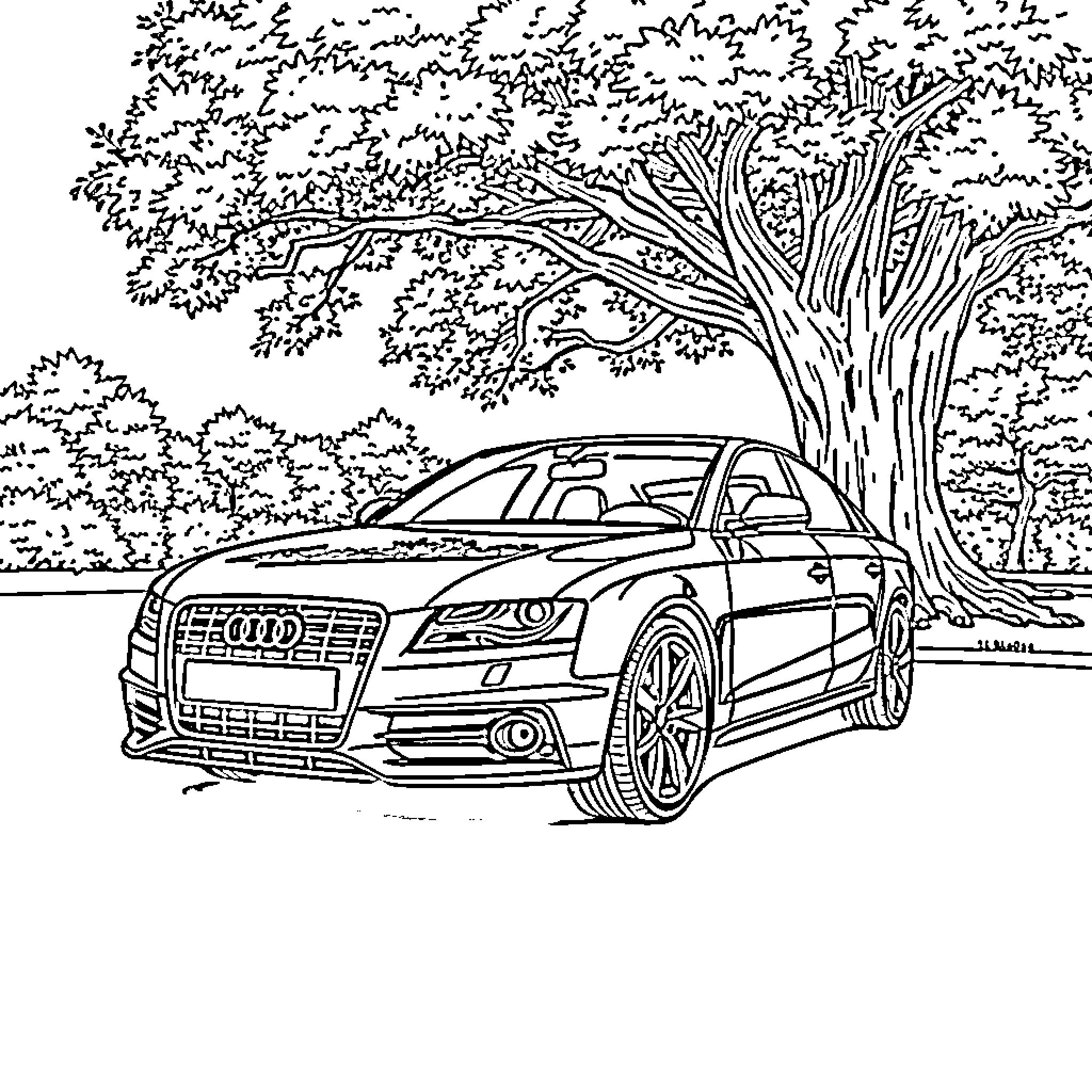 Audi sports car parked under a tree Coloring Page (free black-and-white line drawing printable PDF for all, from beginners to advanced learners, including children, teens, adults, and seniors)