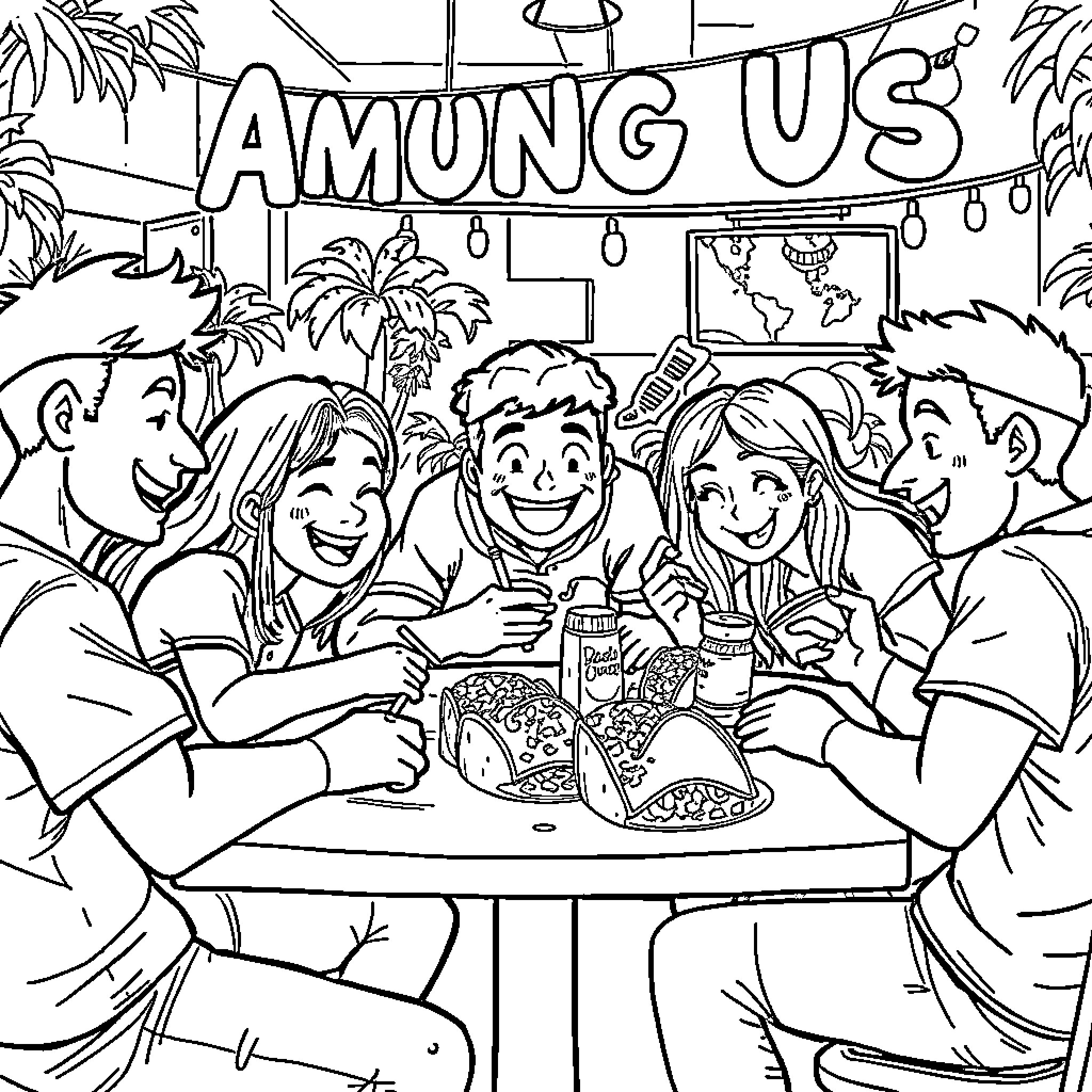 Among Us Friends Enjoying a Meal Together Coloring Page (free black-and-white line drawing printable PDF for all, from beginners to advanced learners, including children, teens, adults, and seniors)