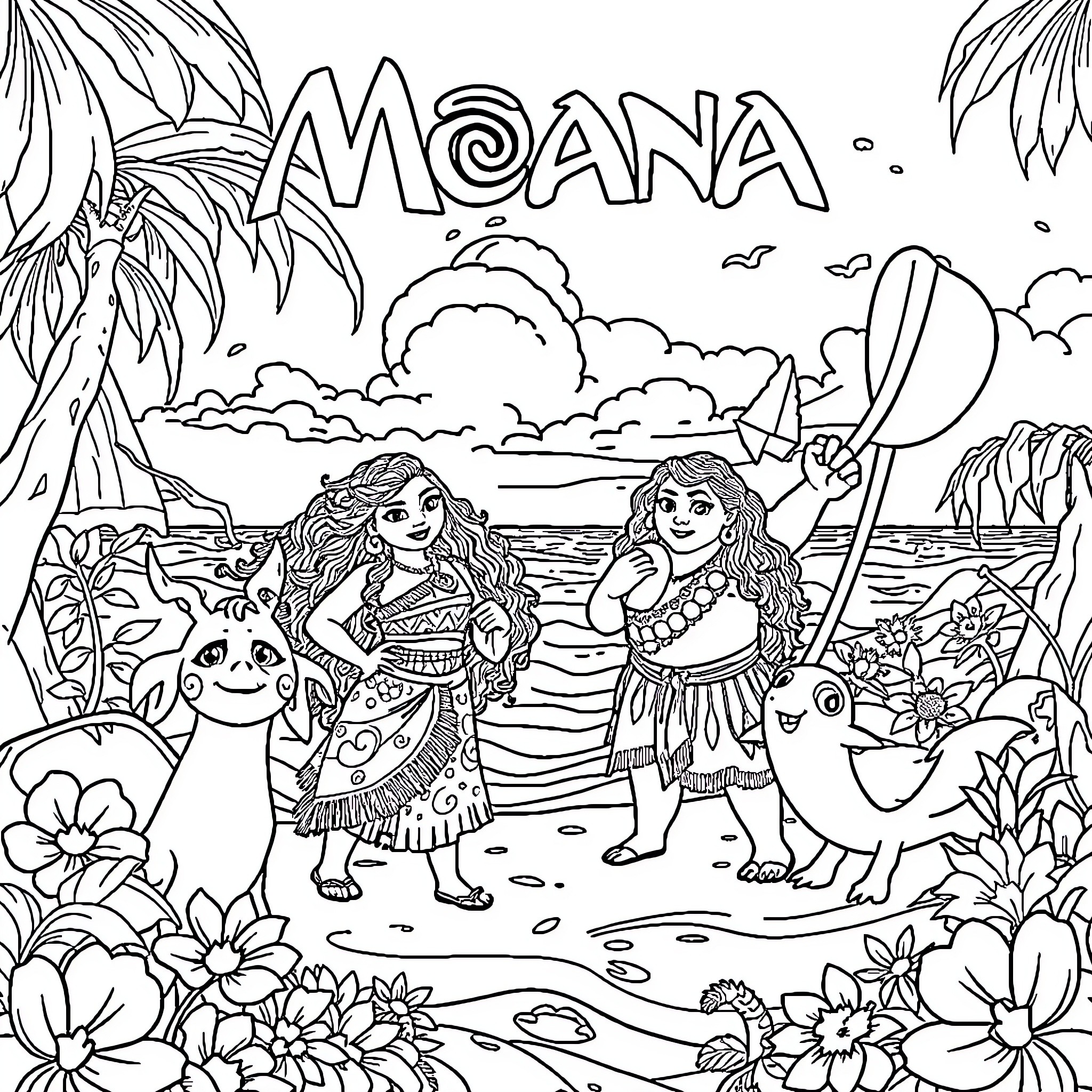 Moana and Maui exploring the tropical island Coloring Page (free black-and-white line drawing printable PDF for all, from beginners to advanced learners, including children, teens, adults, and seniors)