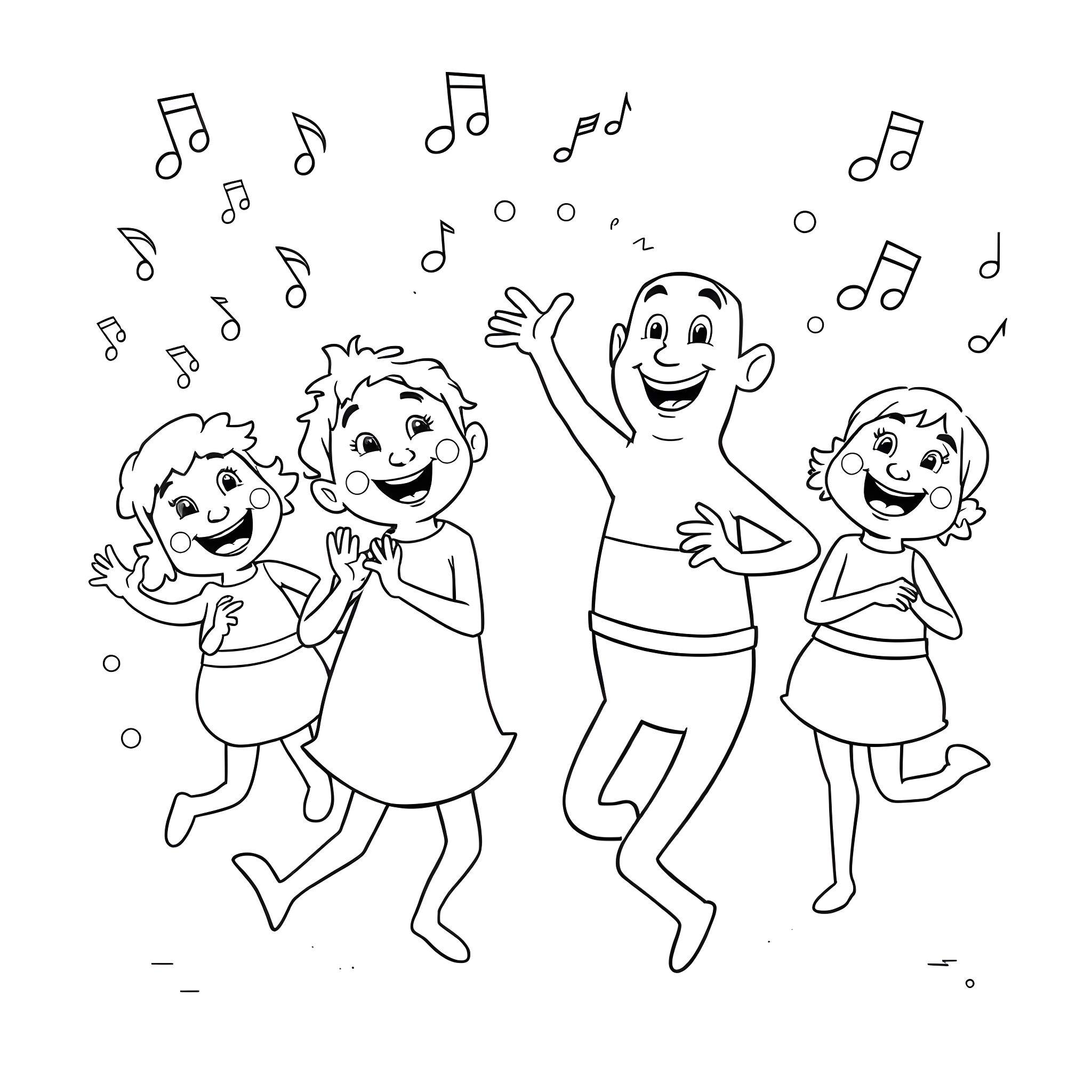 Bluey and friends dancing and singing happily Coloring Page (free black-and-white line drawing printable PDF for all, from beginners to advanced learners, including children, teens, adults, and seniors)