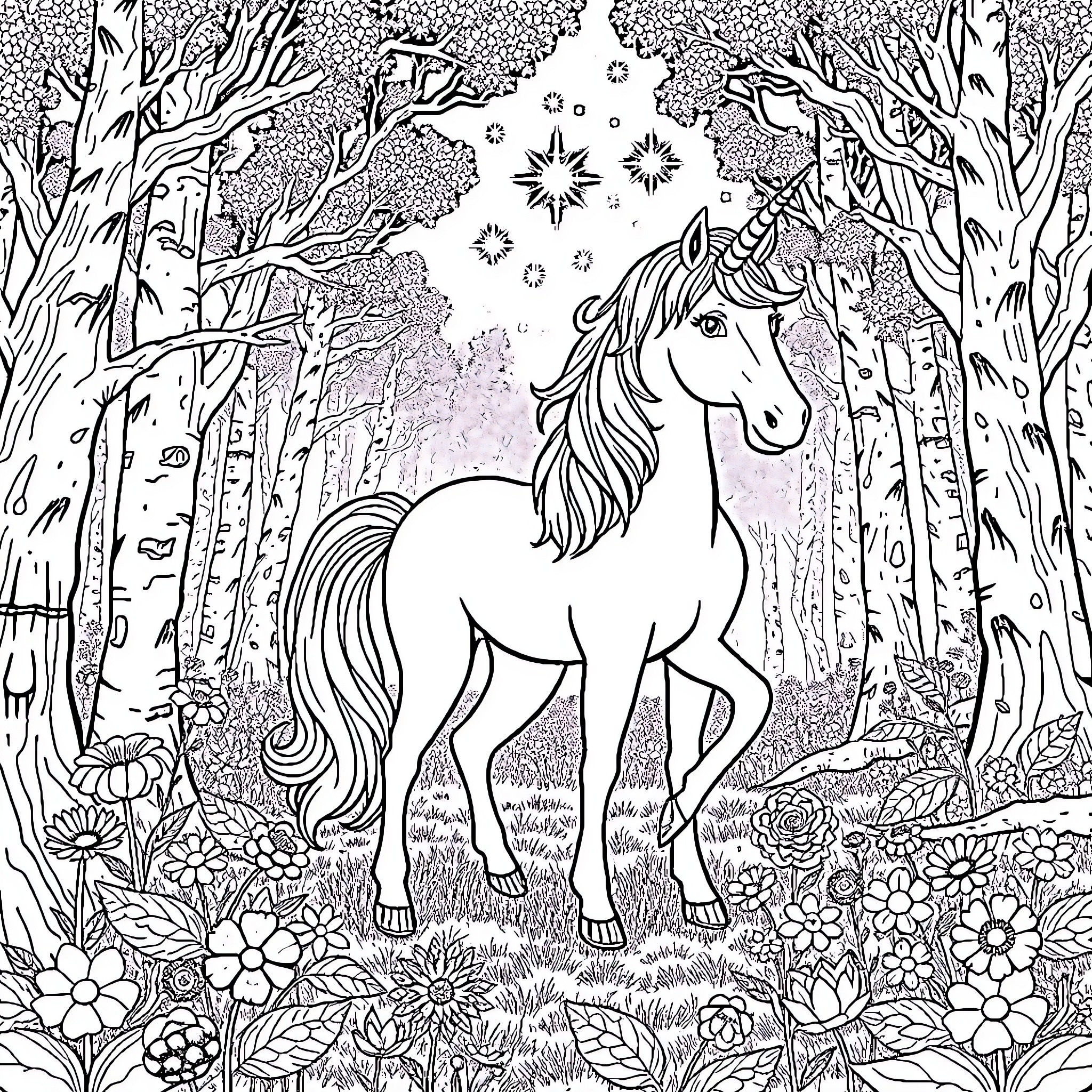 Unicorn in the Enchanted Forest Coloring Page (free black-and-white line drawing printable PDF for all, from beginners to advanced learners, including children, teens, adults, and seniors)