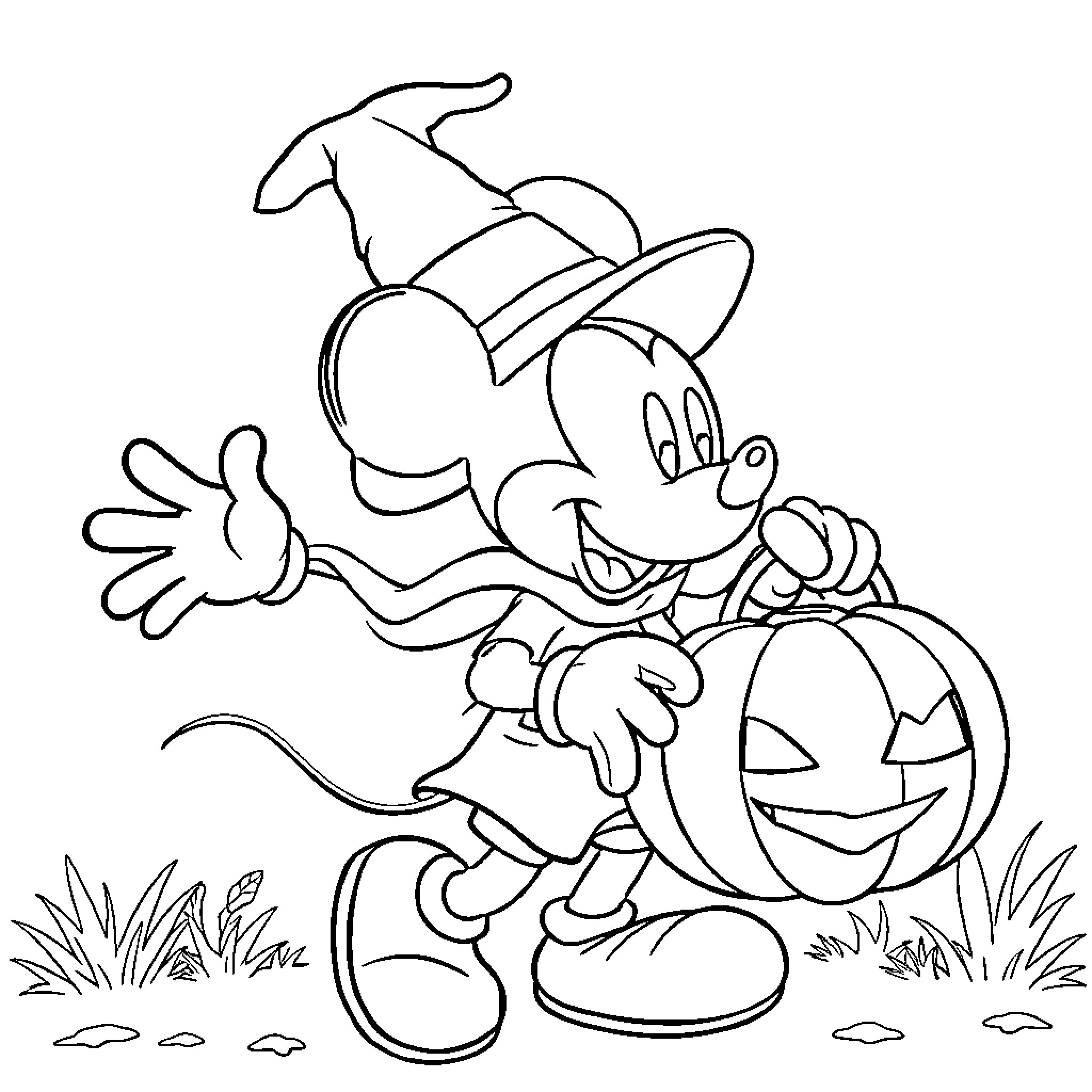 Mickey Mouse in Halloween Costume Coloring Page (free black-and-white line drawing printable PDF for all, from beginners to advanced learners, including children, teens, adults, and seniors)