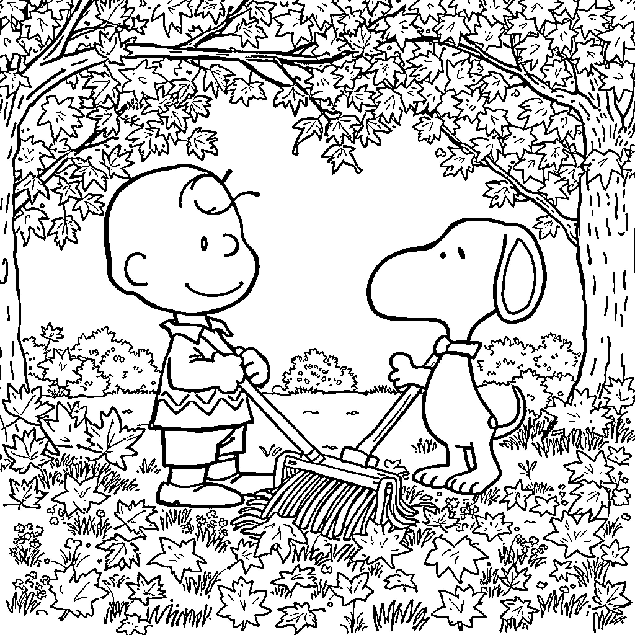 Charlie Brown and Snoopy raking leaves in the autumn park Coloring Page (free black-and-white line drawing printable PDF for all, from beginners to advanced learners, including children, teens, adults, and seniors)