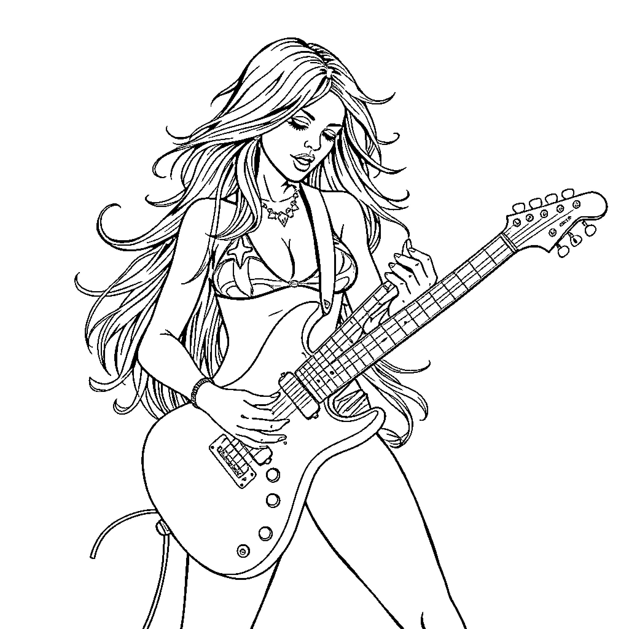 Bikini Girl Rocking Out with Electric Guitar Coloring Page (free black-and-white line drawing printable PDF for all, from beginners to advanced learners, including children, teens, adults, and seniors)