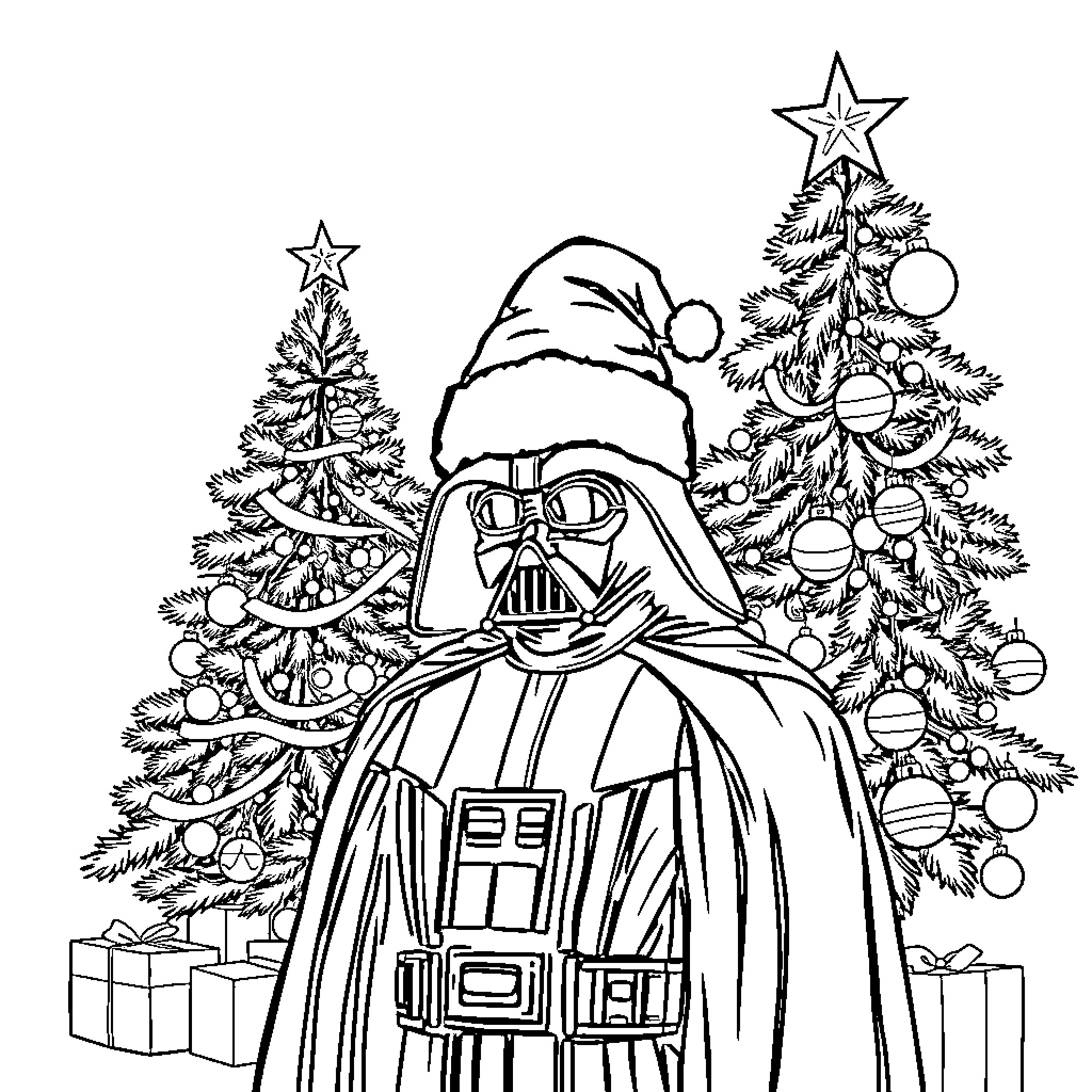 Darth Vader in a festive winter scene Coloring Page (free black-and-white line drawing printable PDF for all, from beginners to advanced learners, including children, teens, adults, and seniors)