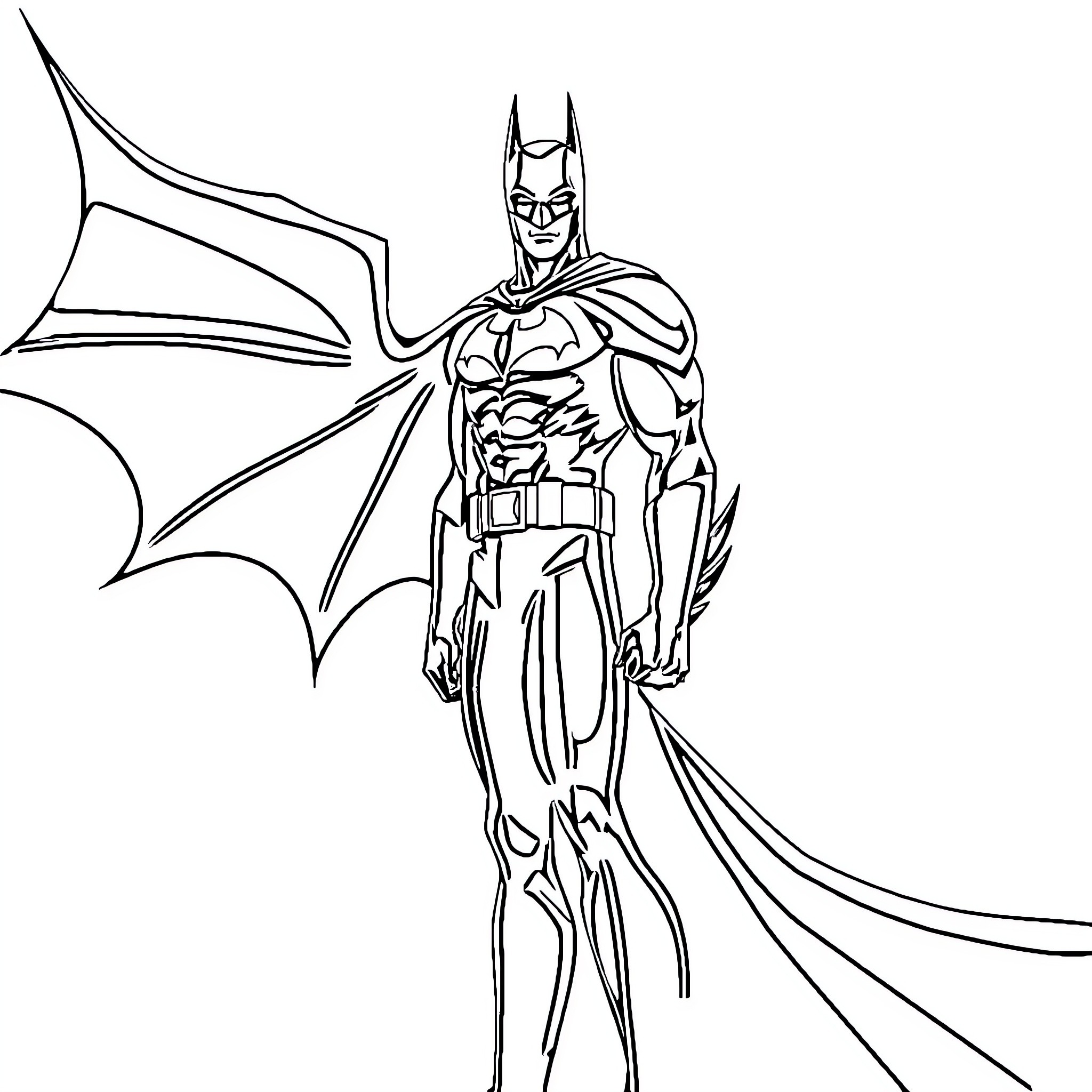 Batman in heroic stance with cape and cowl Coloring Page (free black-and-white line drawing printable PDF for all, from beginners to advanced learners, including children, teens, adults, and seniors)
