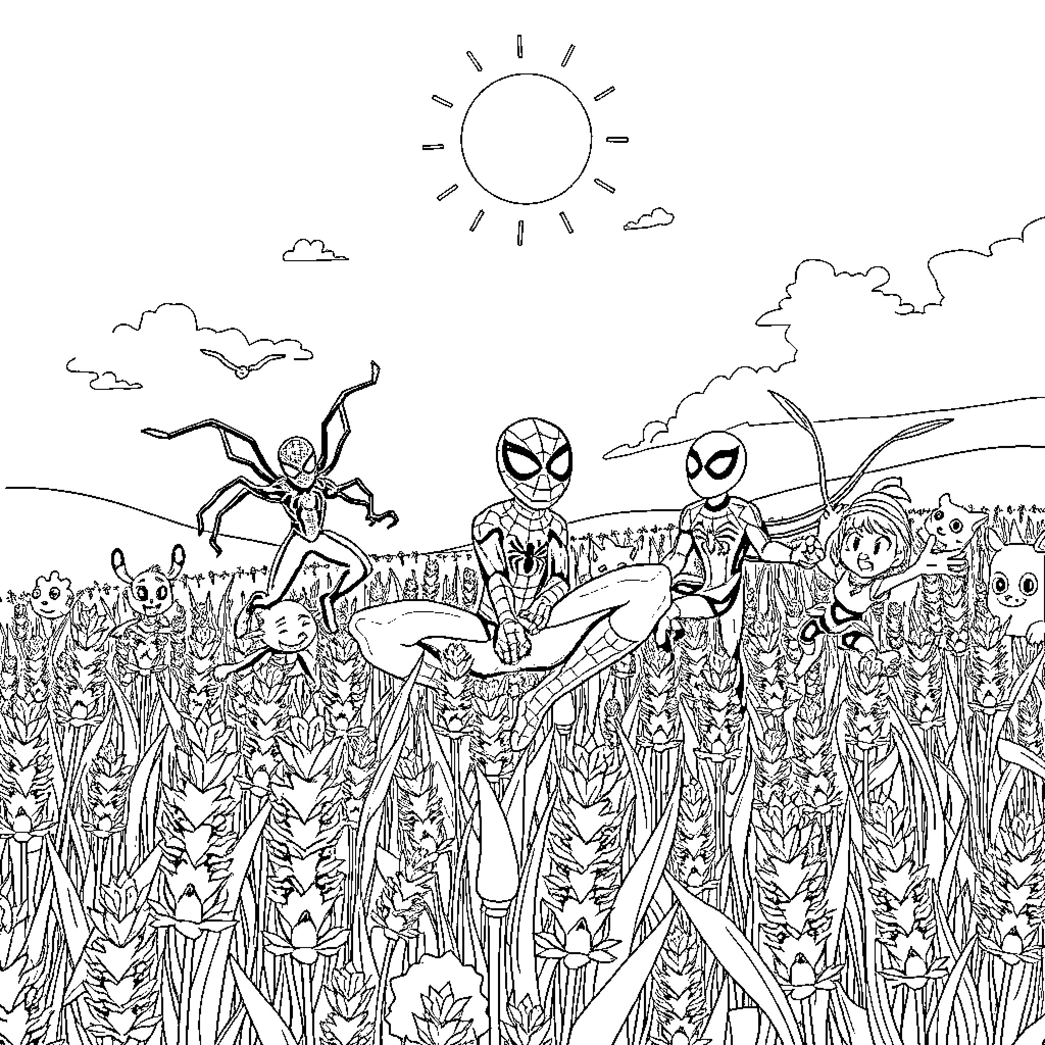 Spider-heroes in a colorful floral meadow Coloring Page (free black-and-white line drawing printable PDF for all, from beginners to advanced learners, including children, teens, adults, and seniors)