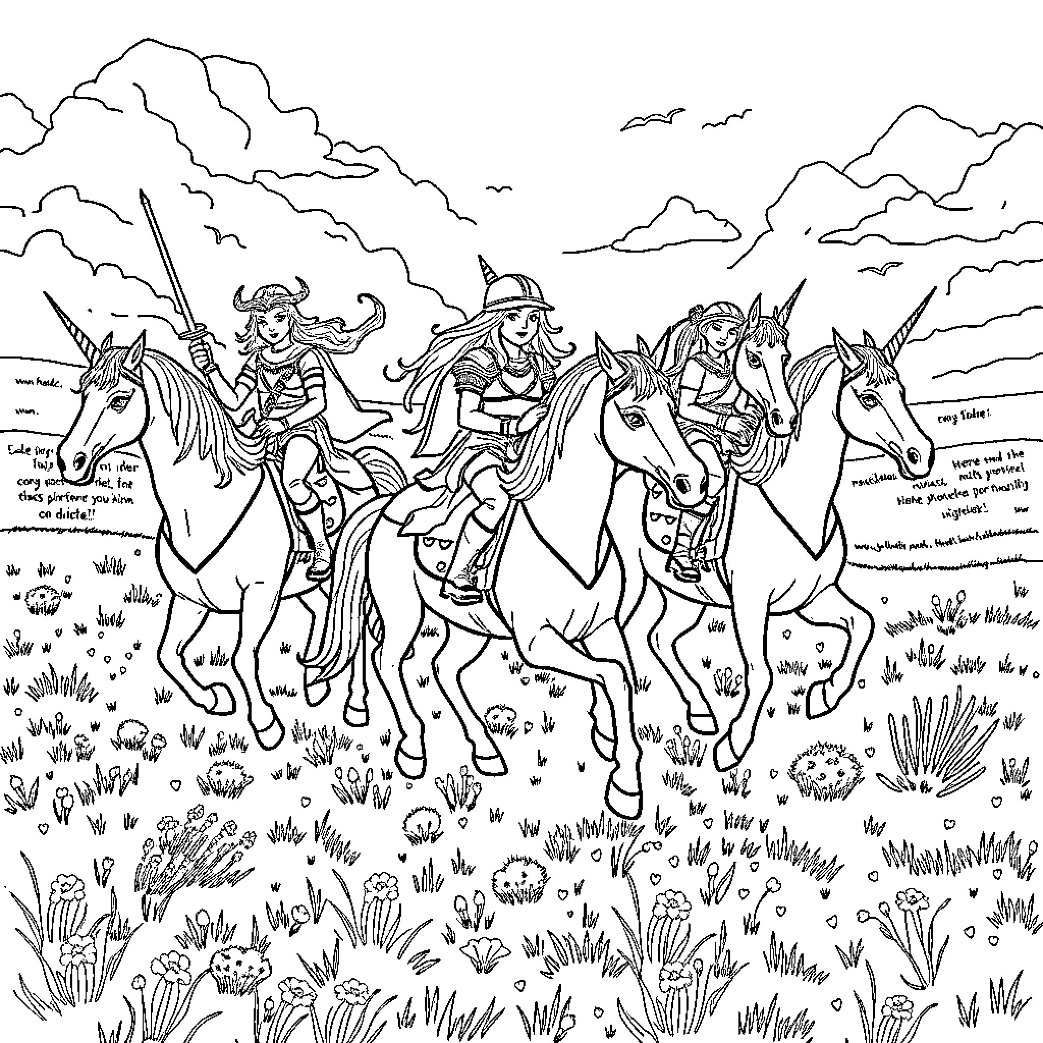 Huntrix Riding on Horseback Through Fantastical Landscape Coloring Page (free black-and-white line drawing printable PDF for all, from beginners to advanced learners, including children, teens, adults, and seniors)