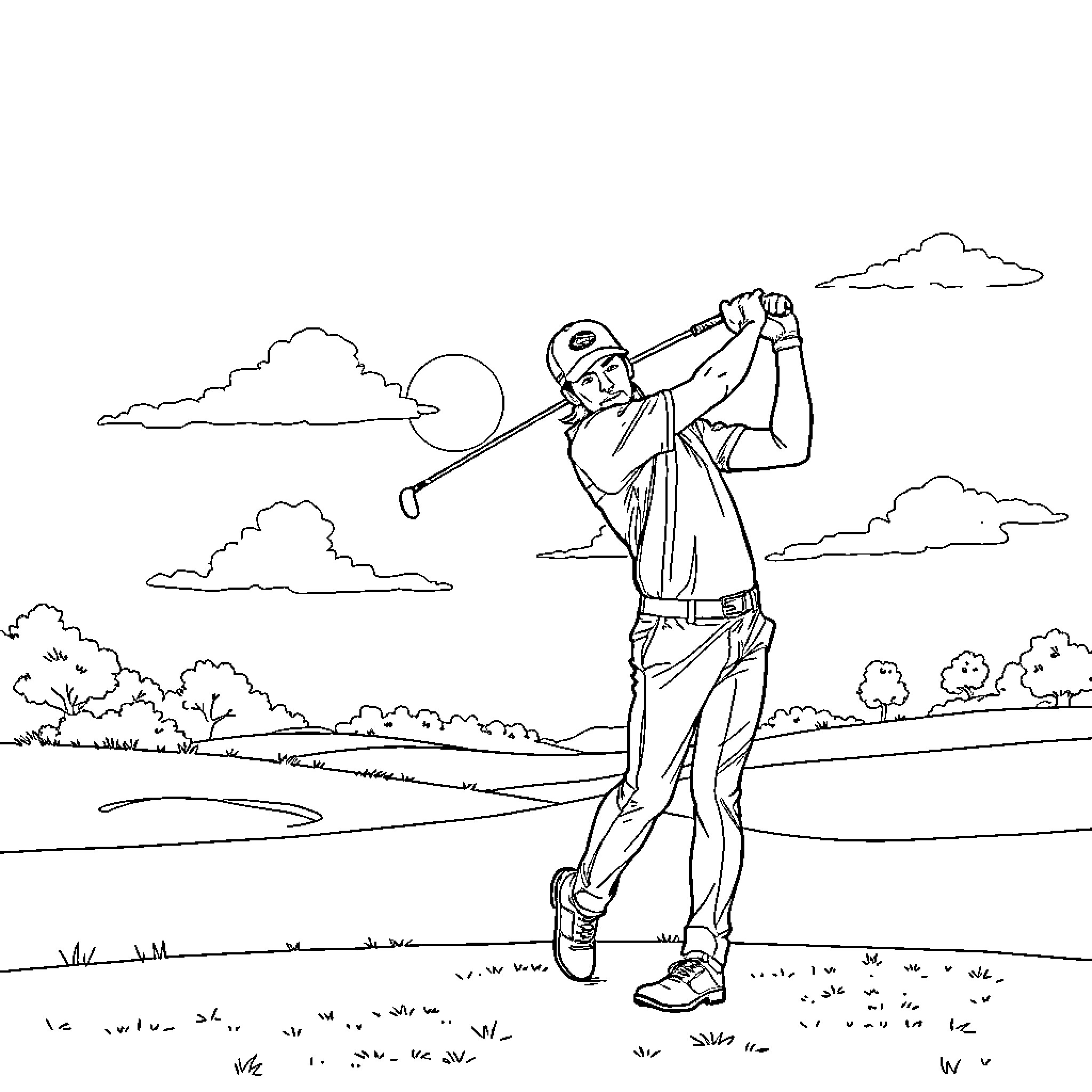 Patrick Mahomes playing golf on a sunny day Coloring Page (free black-and-white line drawing printable PDF for all, from beginners to advanced learners, including children, teens, adults, and seniors)