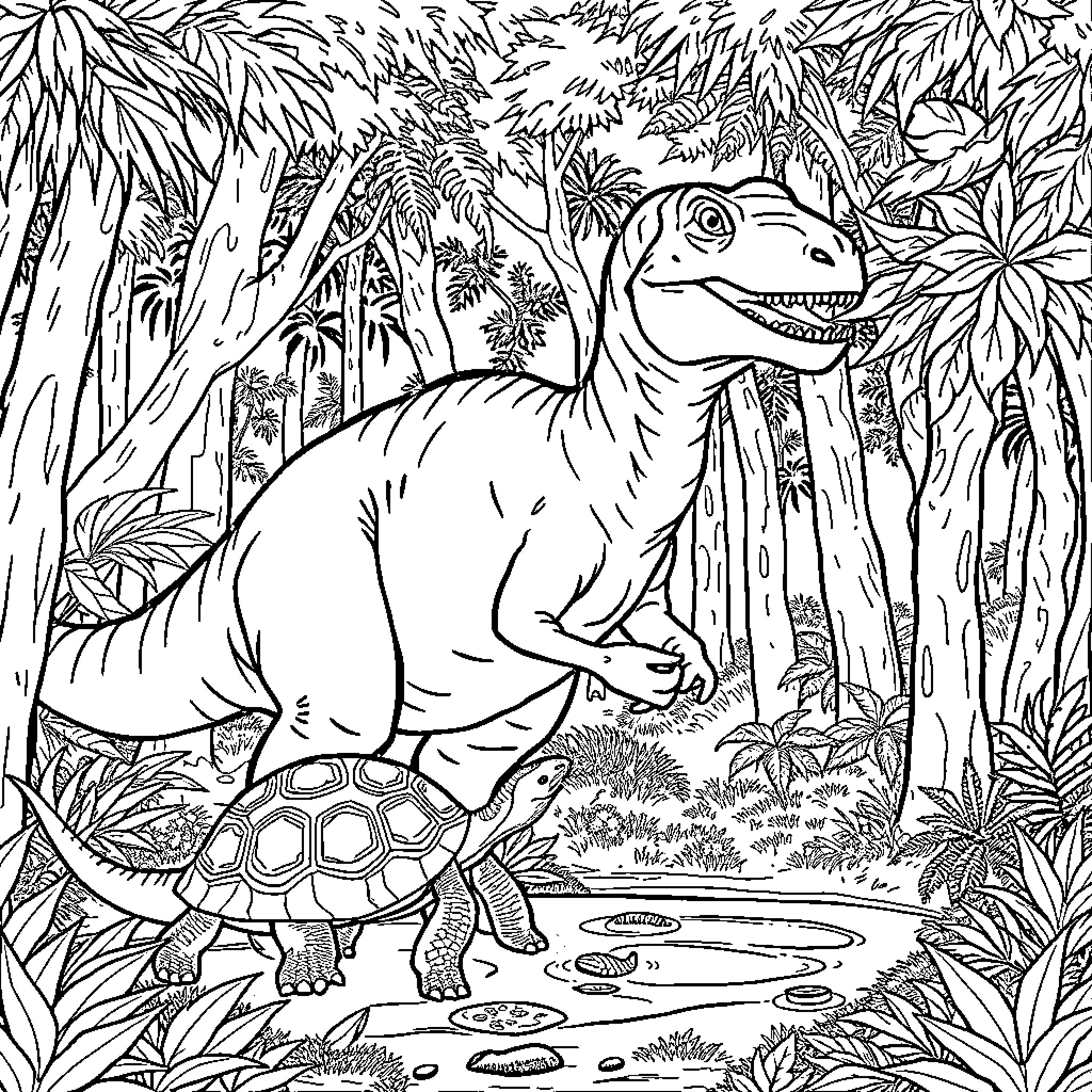 Dinosaur exploring lush, prehistoric landscape Coloring Page (free black-and-white line drawing printable PDF for all, from beginners to advanced learners, including children, teens, adults, and seniors)