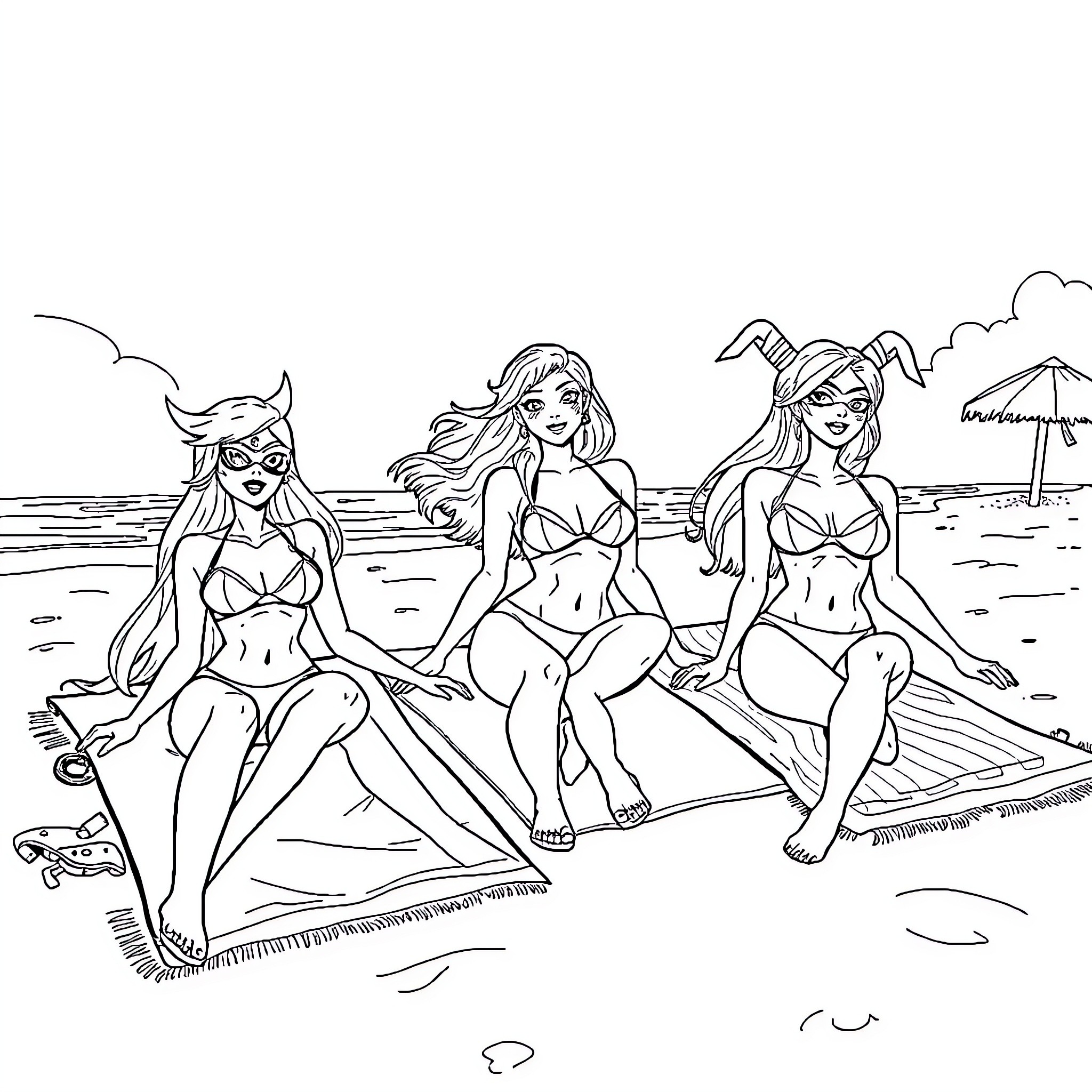 Starfire and friends enjoying a beach day Coloring Page (free black-and-white line drawing printable PDF for all, from beginners to advanced learners, including children, teens, adults, and seniors)