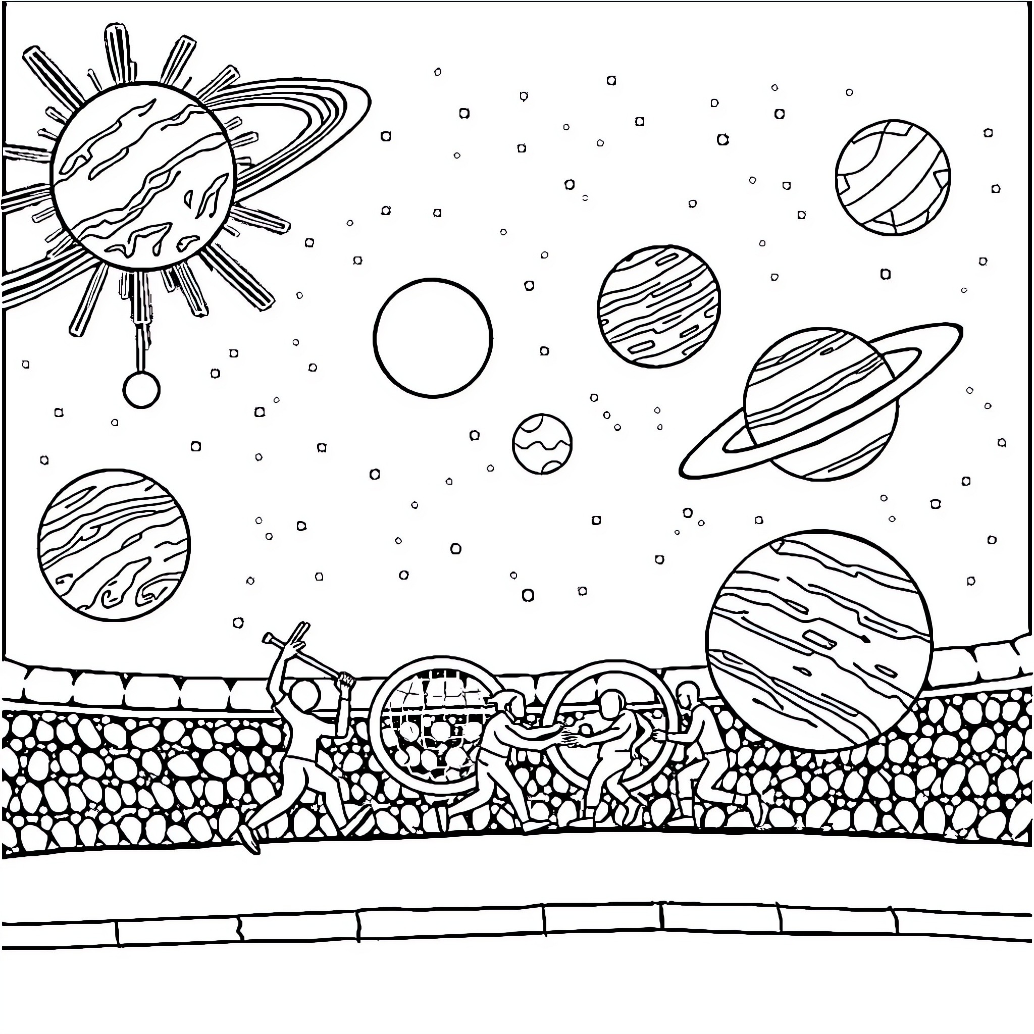 Planet exploration in the starry universe Coloring Page (free black-and-white line drawing printable PDF for all, from beginners to advanced learners, including children, teens, adults, and seniors)