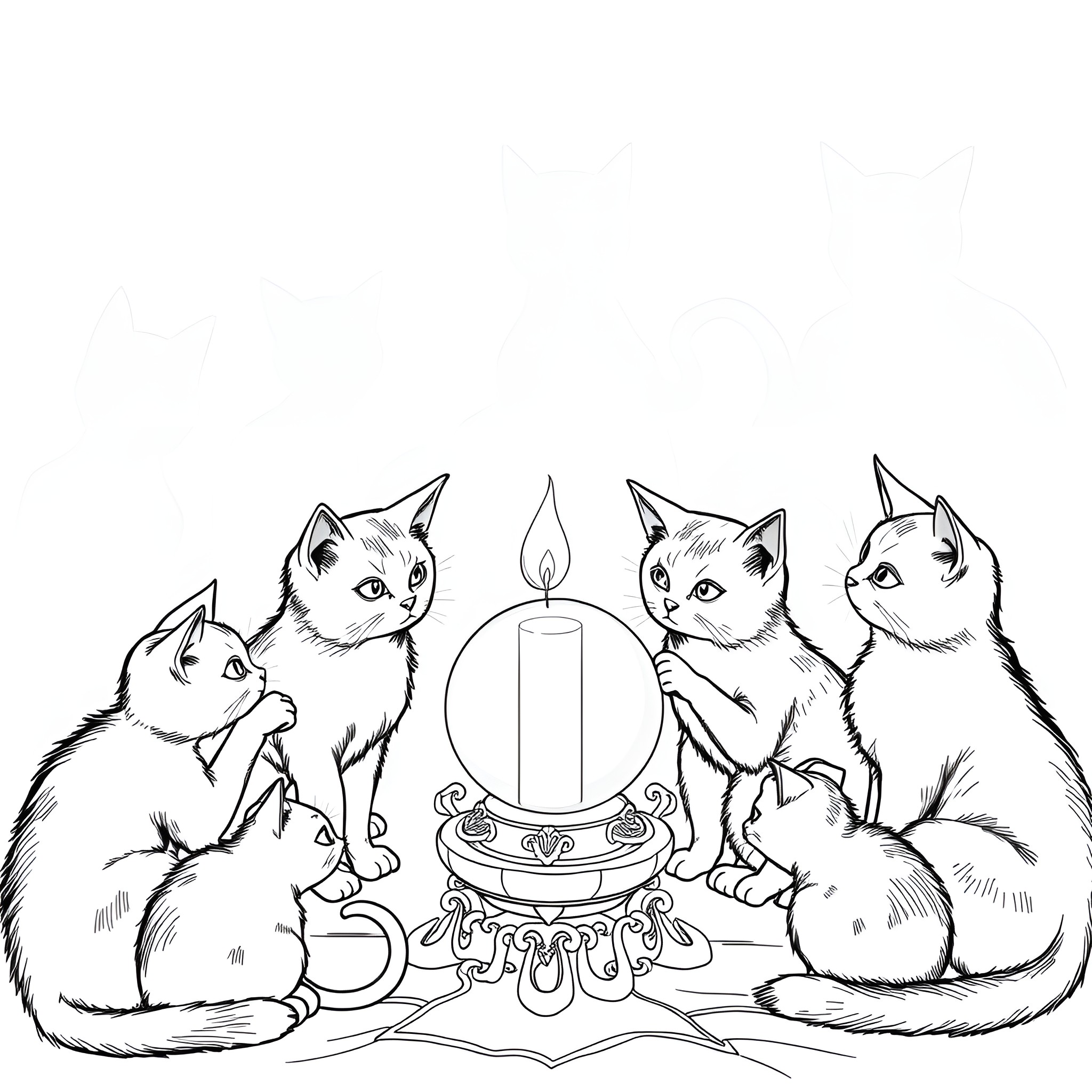 Cats gathered around a candle Coloring Page (free black-and-white line drawing printable PDF for all, from beginners to advanced learners, including children, teens, adults, and seniors)