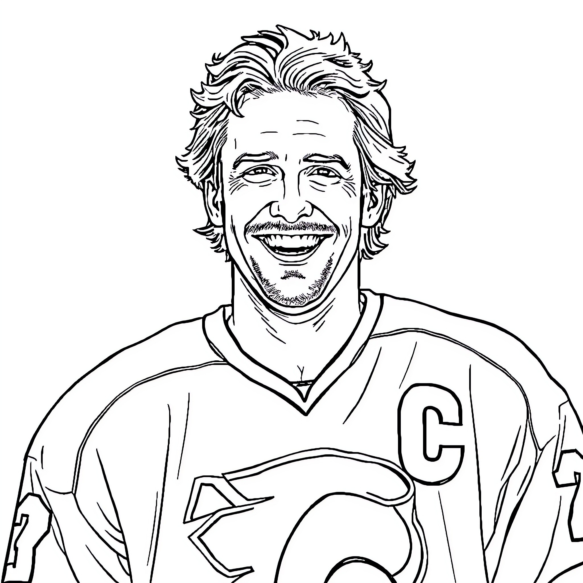 Joe Sakic in Hockey Uniform Smiling Coloring Page (free black-and-white line drawing printable PDF for all, from beginners to advanced learners, including children, teens, adults, and seniors)