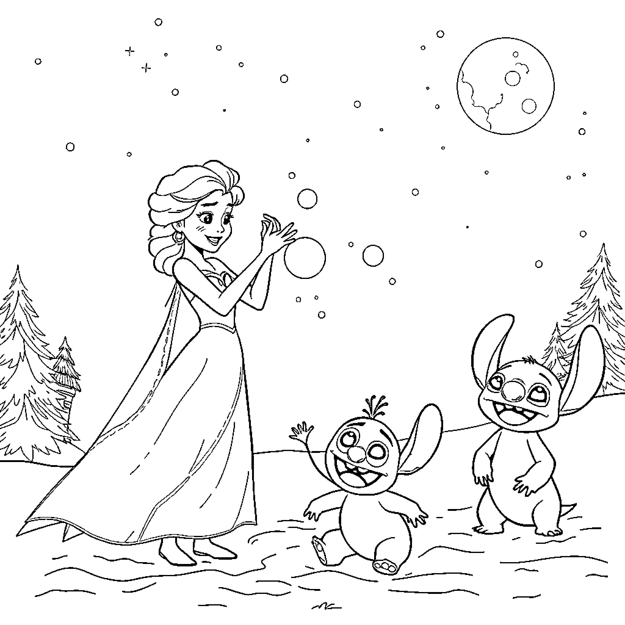 Elsa's Icy Adventure with Olaf and Stitch Coloring Page (free black-and-white line drawing printable PDF for all, from beginners to advanced learners, including children, teens, adults, and seniors)