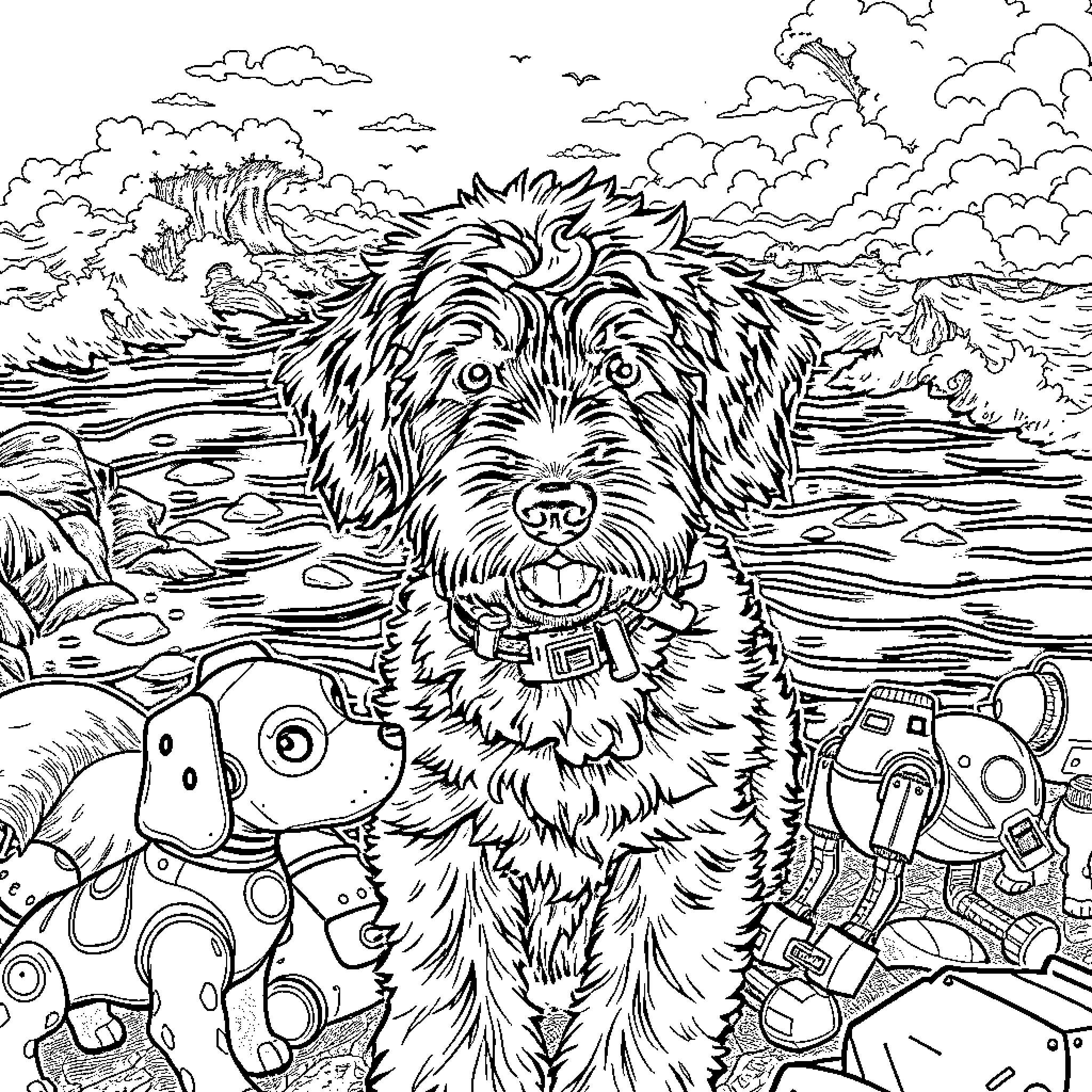 Labradoodle exploring the great outdoors Coloring Page (free black-and-white line drawing printable PDF for all, from beginners to advanced learners, including children, teens, adults, and seniors)