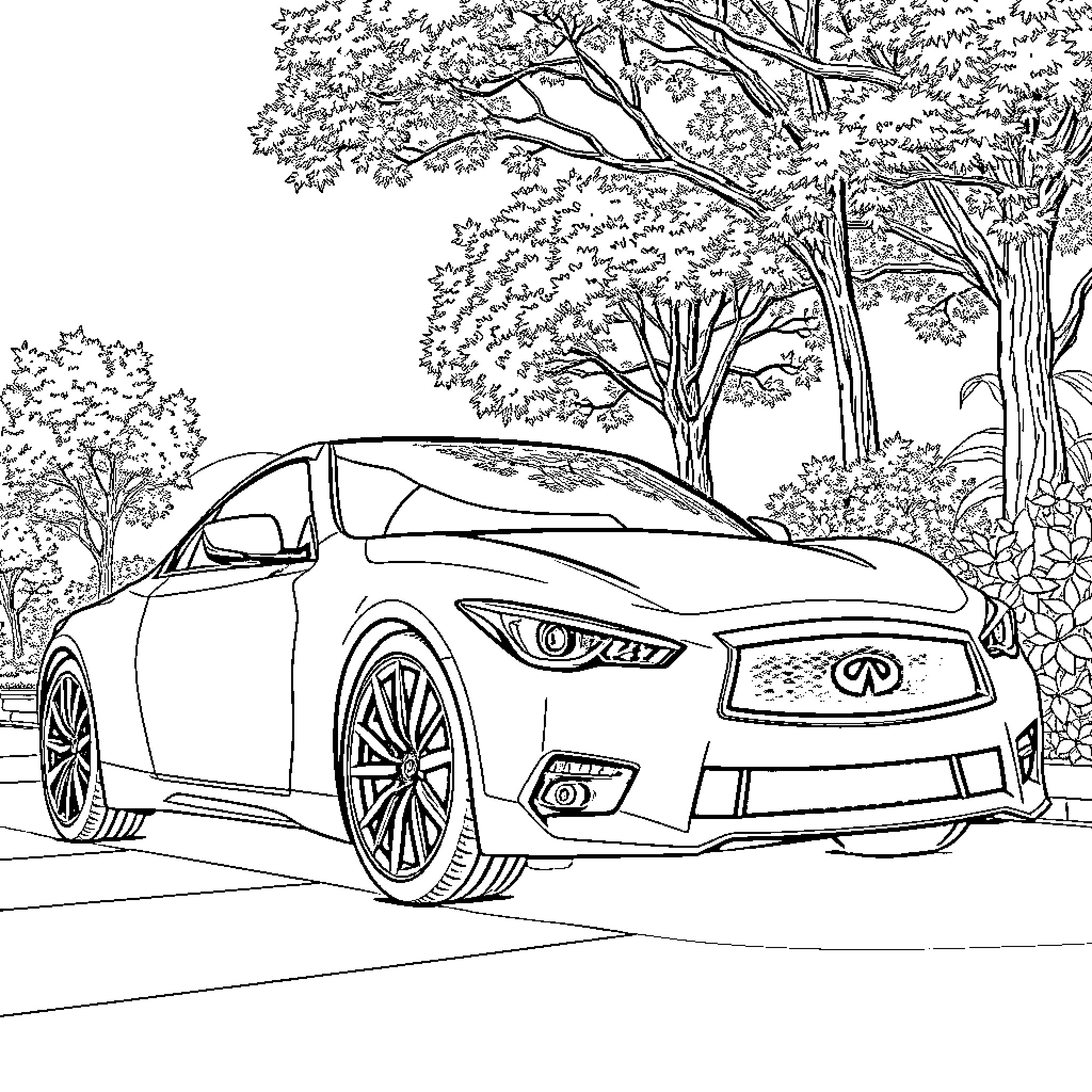 Infiniti G 35 parked in a scenic outdoor setting Coloring Page (free black-and-white line drawing printable PDF for all, from beginners to advanced learners, including children, teens, adults, and seniors)