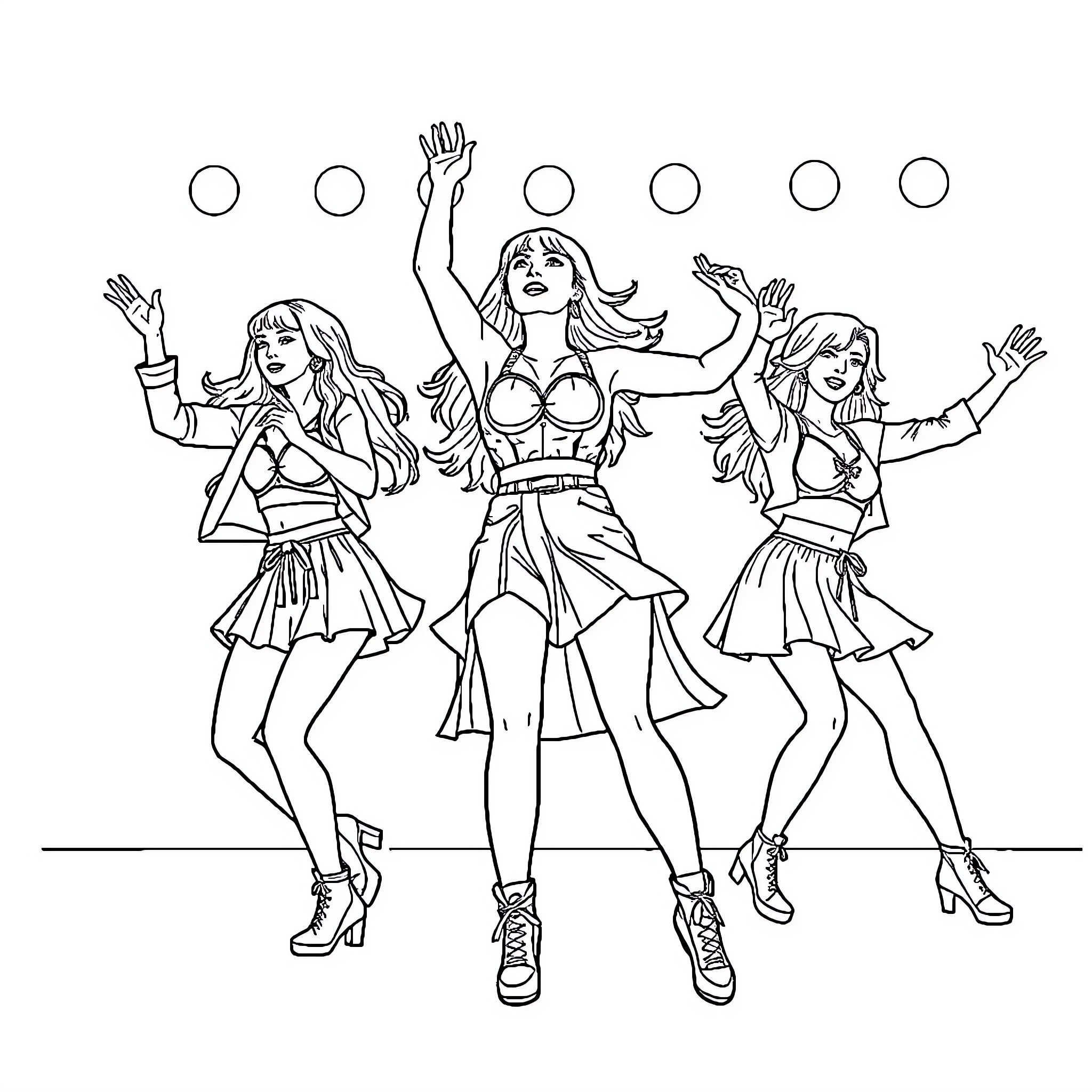 Kpop Performers Energetically Dancing and Expressing Coloring Page (free black-and-white line drawing printable PDF for all, from beginners to advanced learners, including children, teens, adults, and seniors)