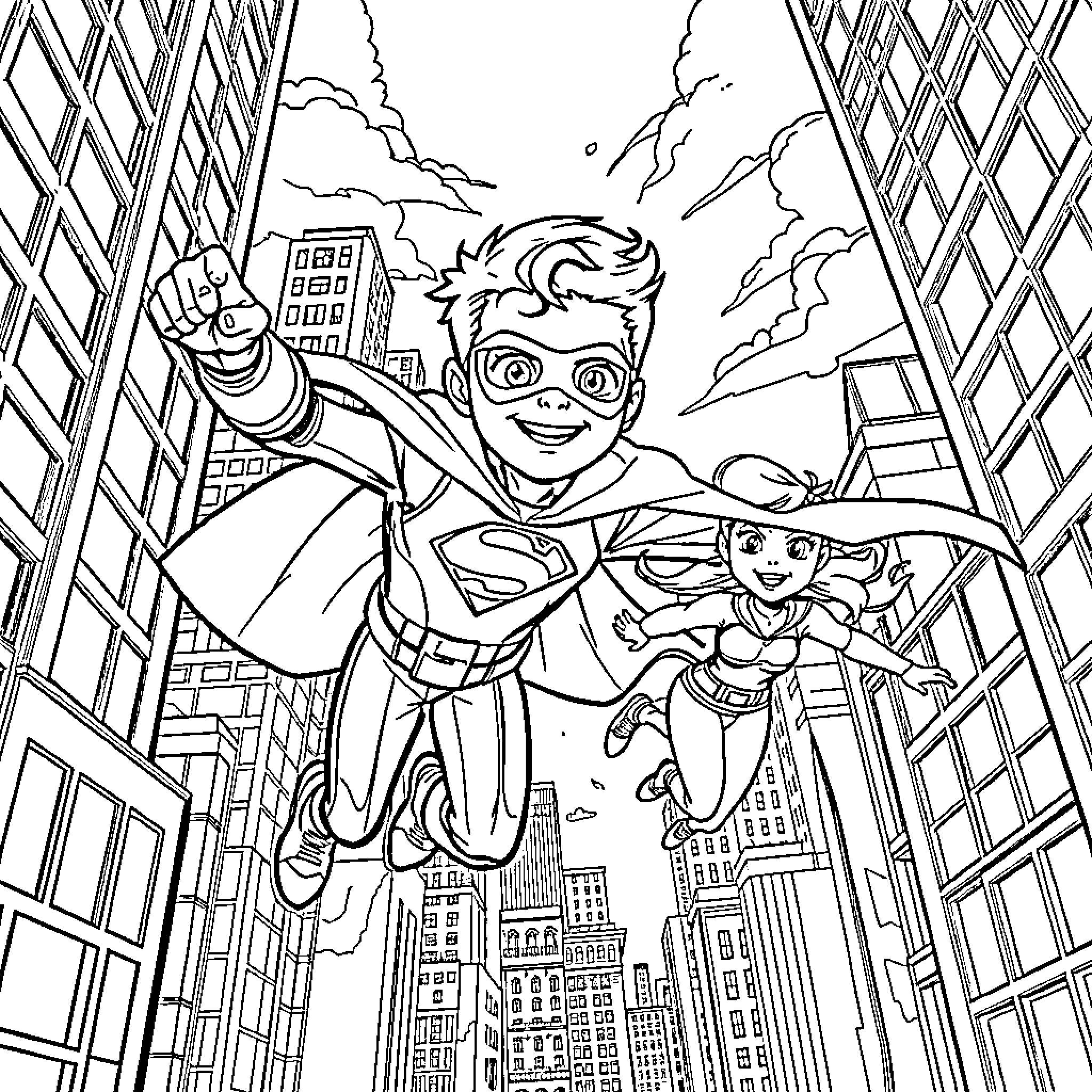 Henry Danger: Dynamic Duo in Action Coloring Page (free black-and-white line drawing printable PDF for all, from beginners to advanced learners, including children, teens, adults, and seniors)