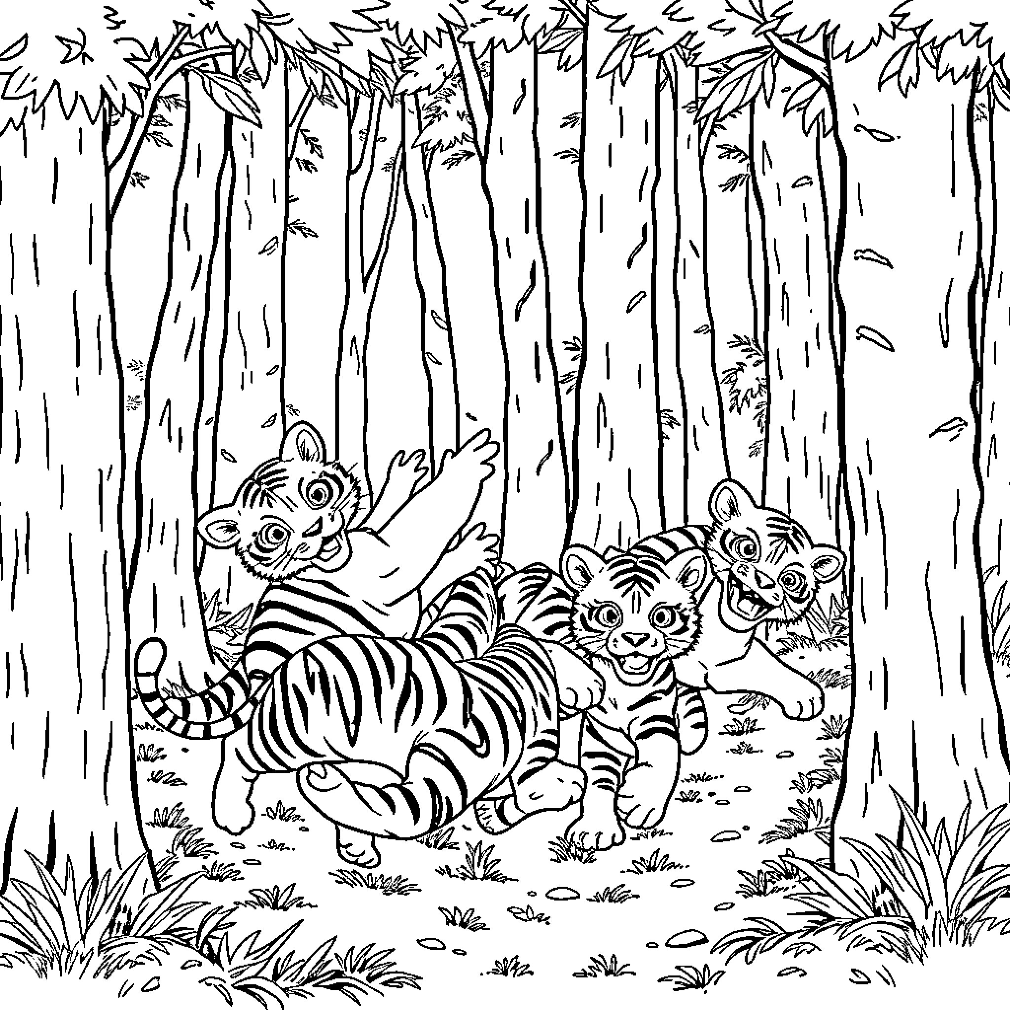 Tiger Cub Playful Antics in Lush Forest Coloring Page (free black-and-white line drawing printable PDF for all, from beginners to advanced learners, including children, teens, adults, and seniors)
