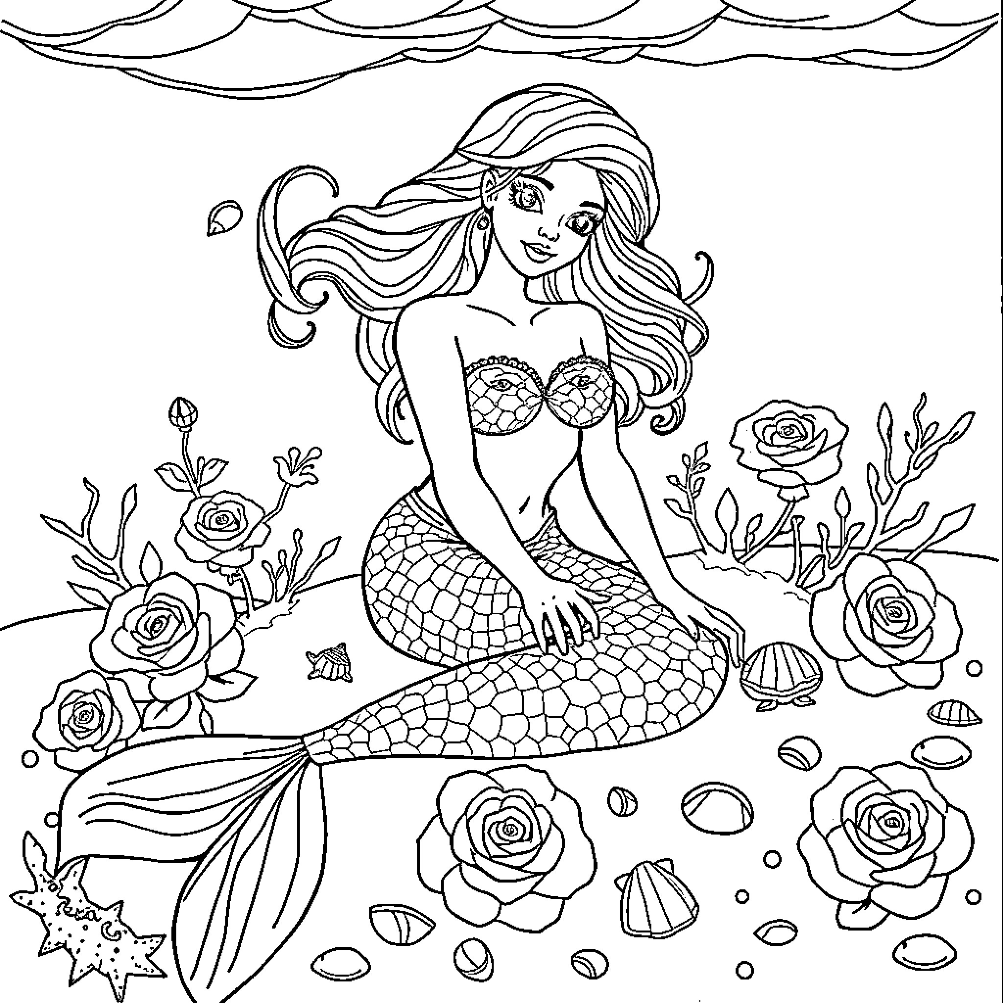 Mermaid with flowing hair and floral garden Coloring Page (free black-and-white line drawing printable PDF for all, from beginners to advanced learners, including children, teens, adults, and seniors)