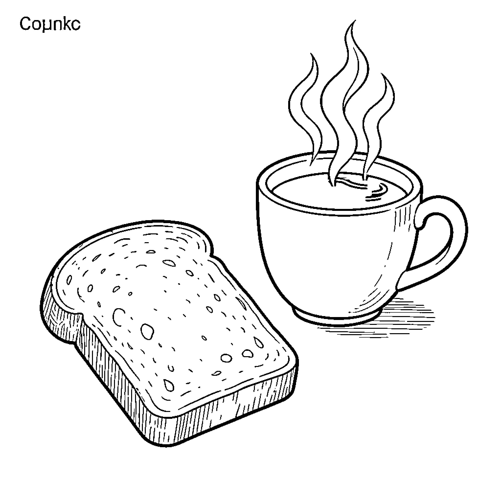 Bread with Coffee steaming in a mug Coloring Page (free black-and-white line drawing printable PDF for all, from beginners to advanced learners, including children, teens, adults, and seniors)