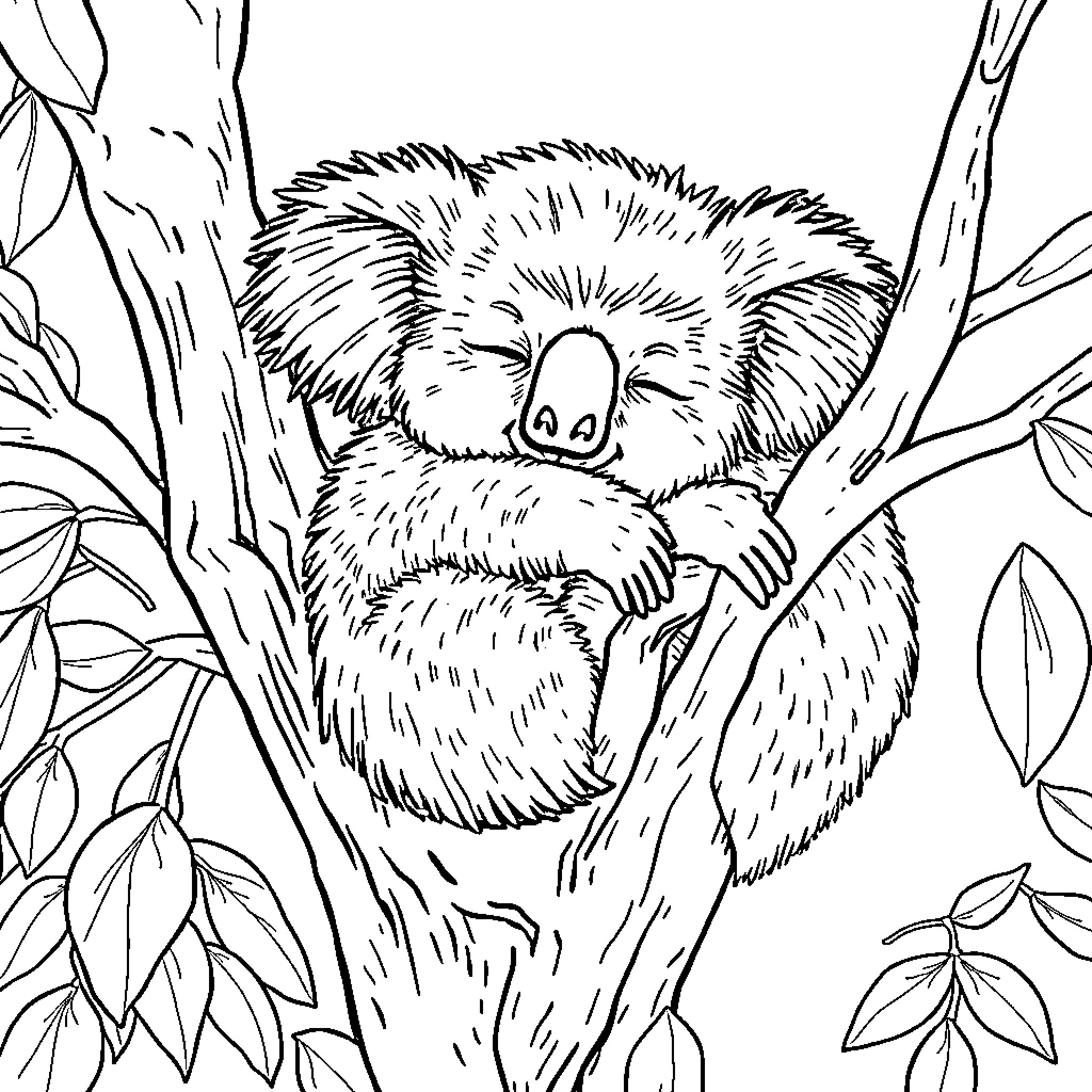 Koala resting peacefully in the forest Coloring Page (free black-and-white line drawing printable PDF for all, from beginners to advanced learners, including children, teens, adults, and seniors)