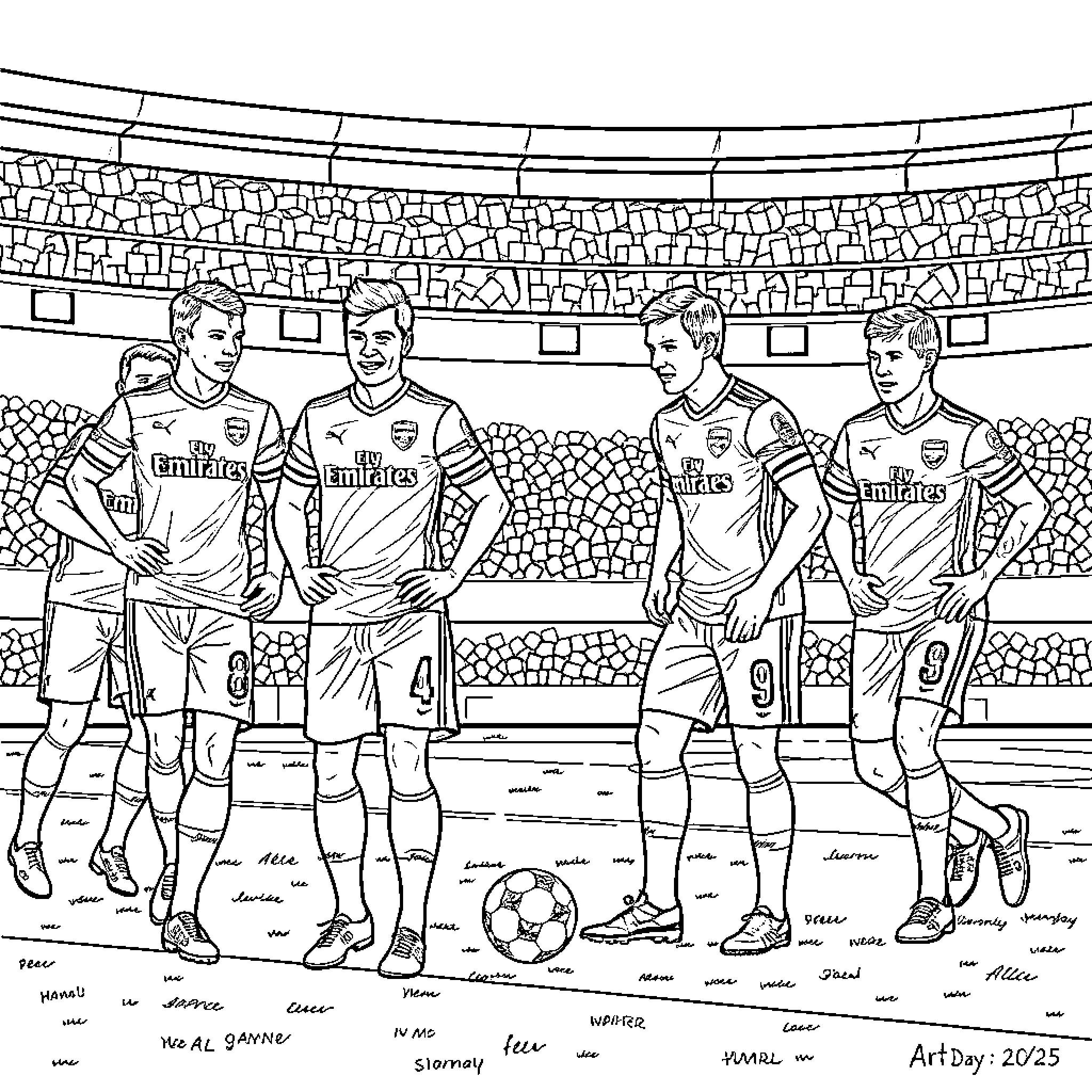 Footballer team celebrating victory on the pitch Coloring Page (free black-and-white line drawing printable PDF for all, from beginners to advanced learners, including children, teens, adults, and seniors)