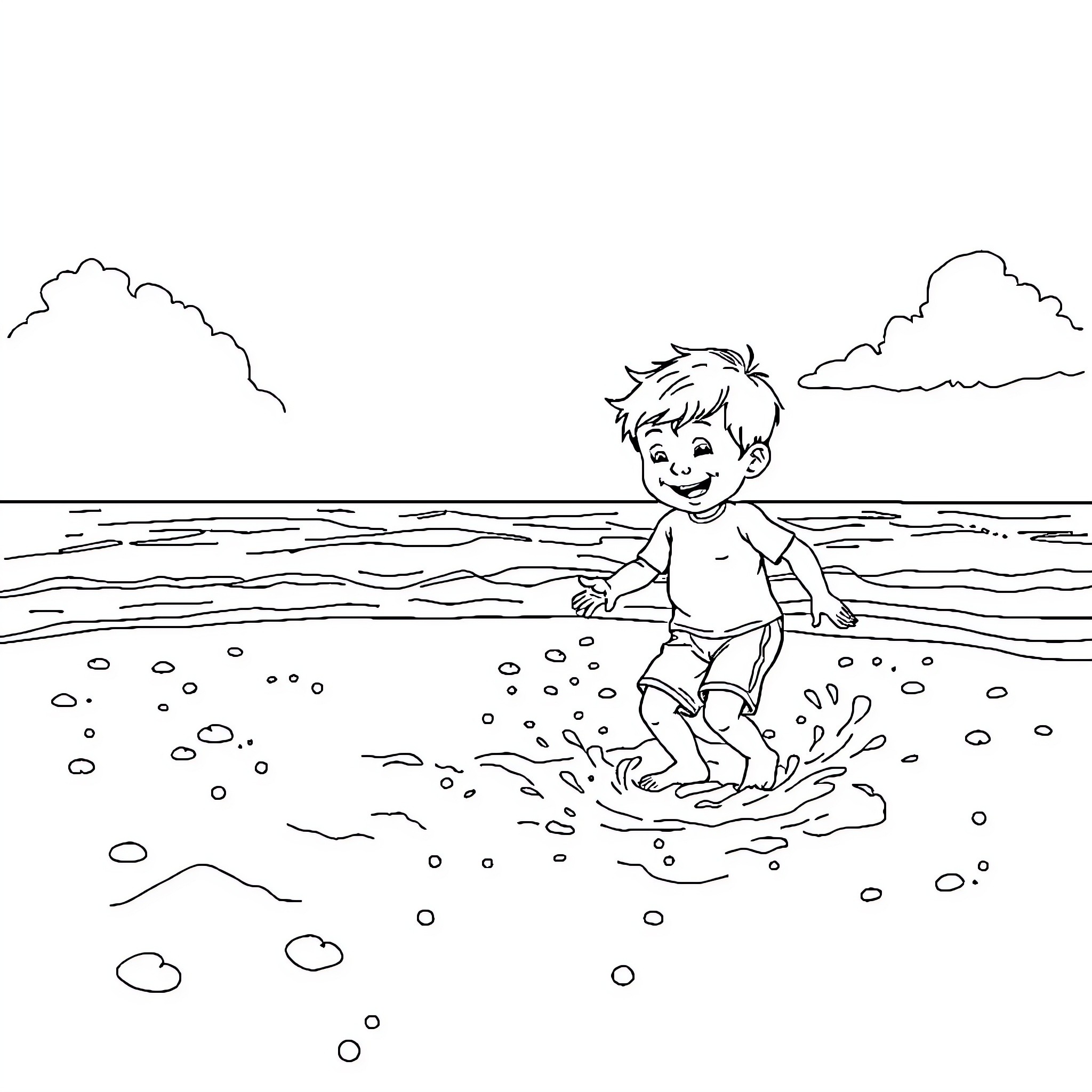Boy playing joyfully in the waves at the beach Coloring Page (free black-and-white line drawing printable PDF for all, from beginners to advanced learners, including children, teens, adults, and seniors)