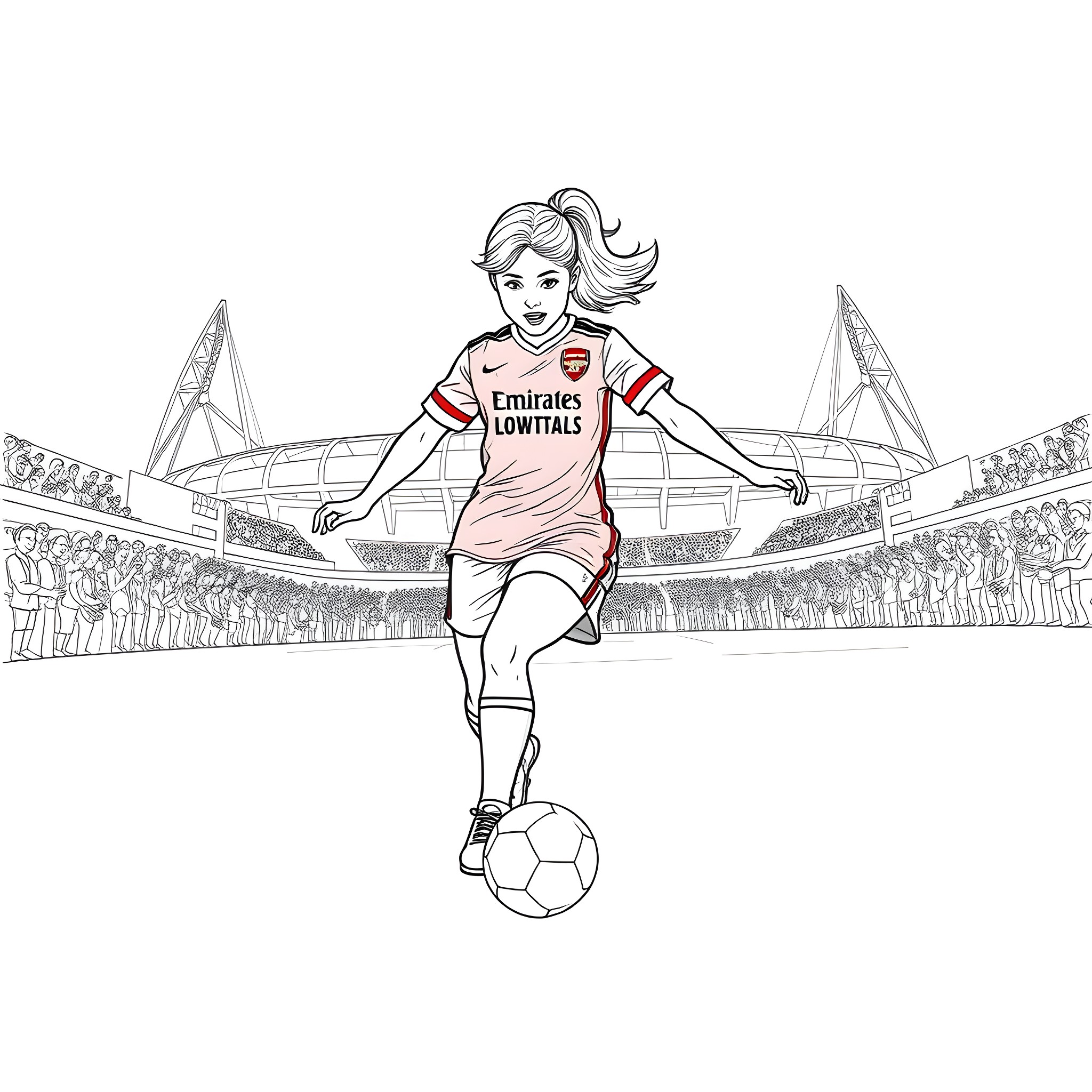 Girl playing soccer in the stadium Coloring Page (free black-and-white line drawing printable PDF for all, from beginners to advanced learners, including children, teens, adults, and seniors)